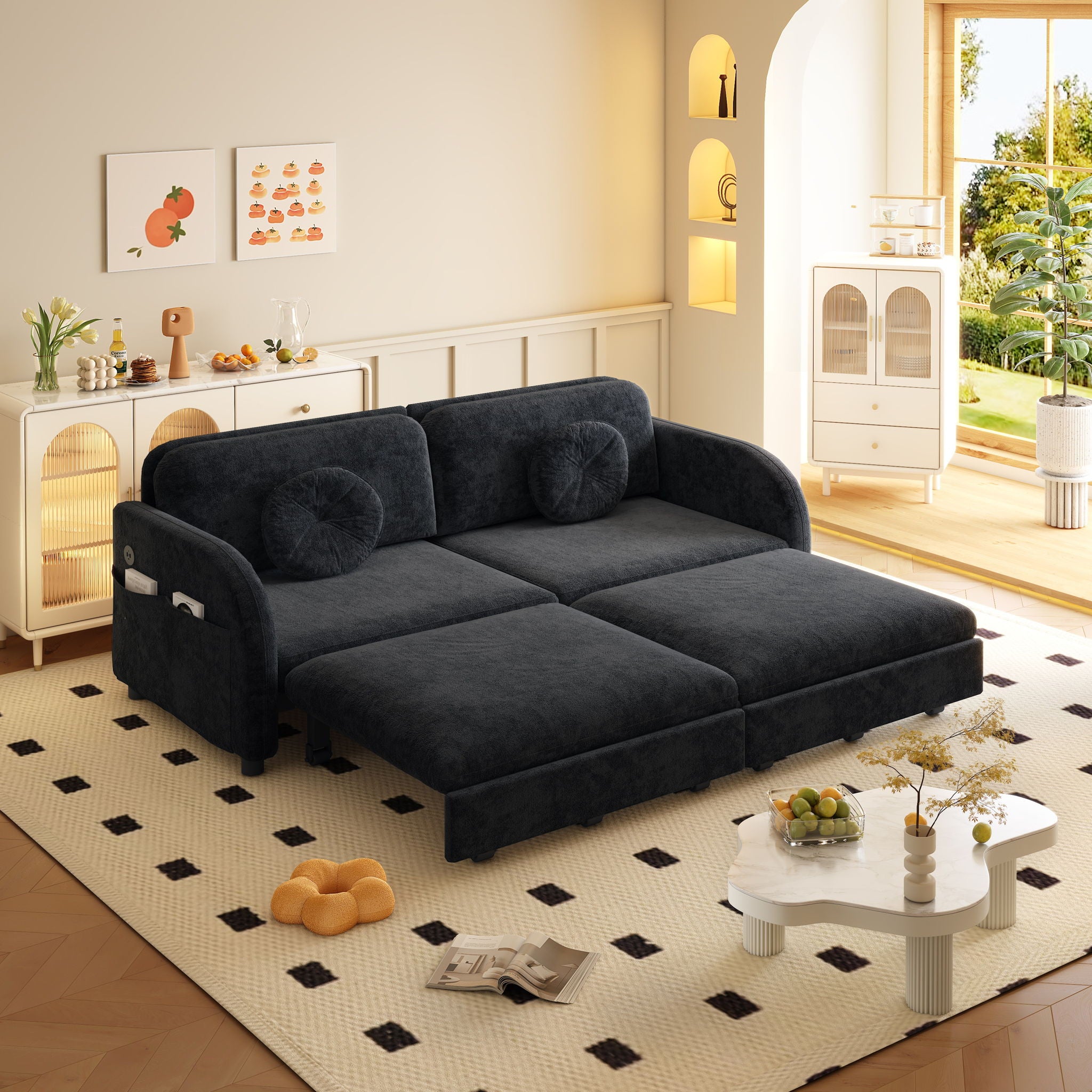 Upholstered Pull Out Couch With Side Pocket & USB Port