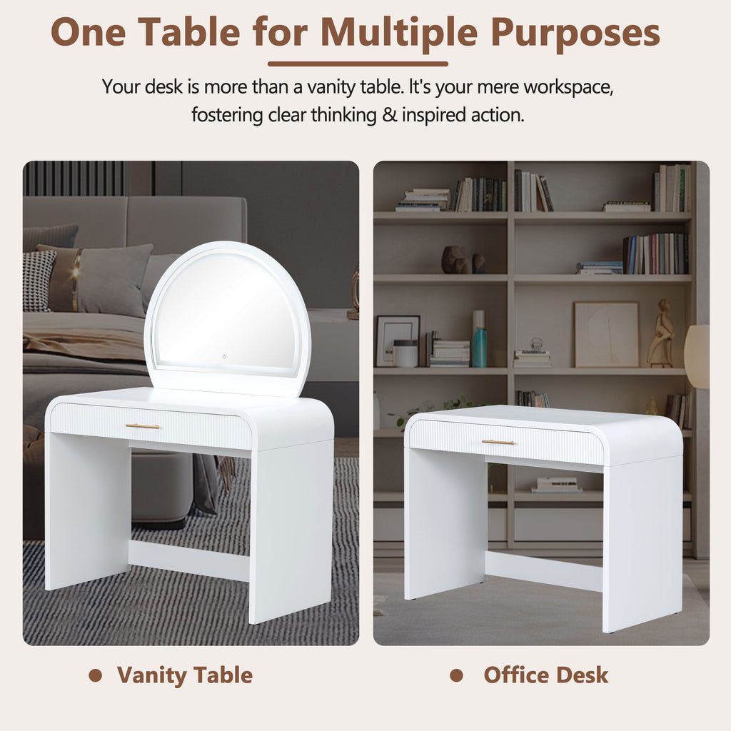 Makeup Vanity Table With Mirror Touch Screen Lighted Mirror, Dressing Table With Drawer For Bedroom - White