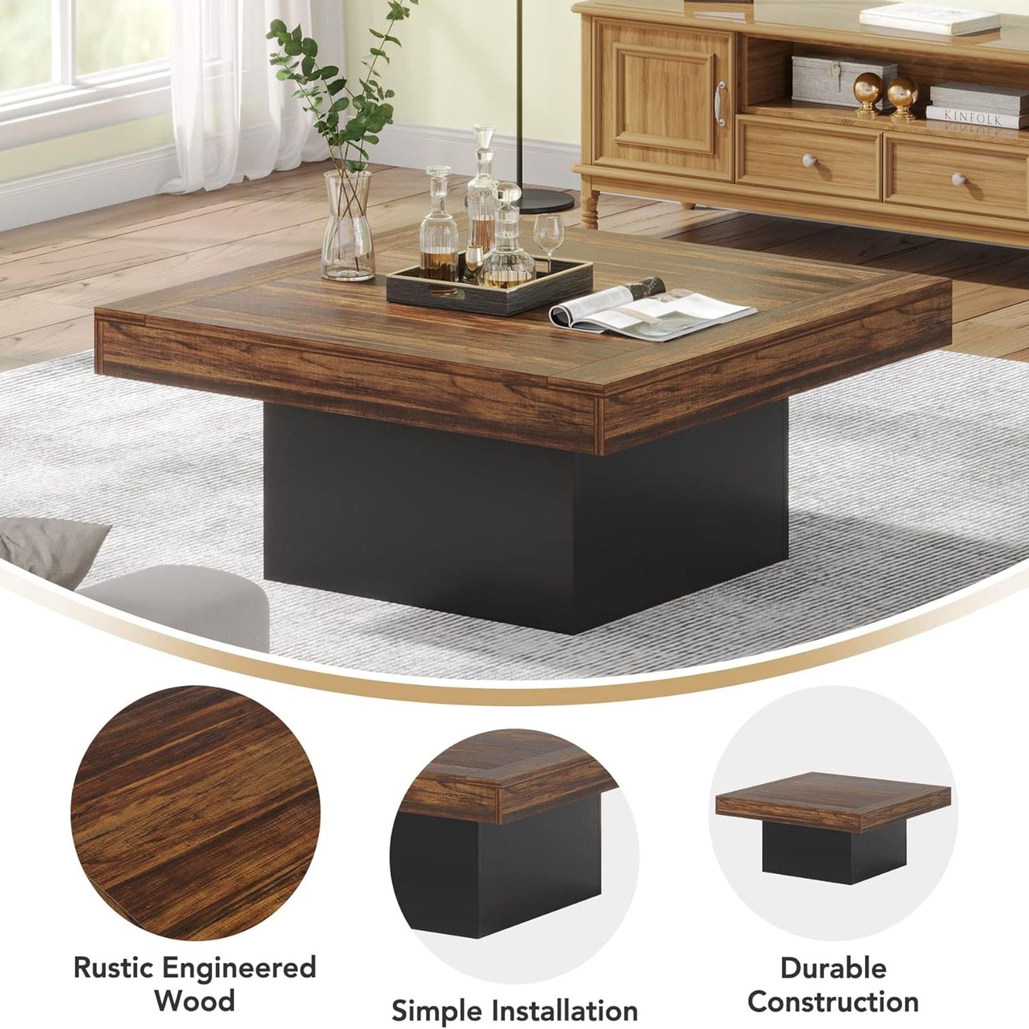LED Coffee Table With Base, Center Table For Living Room - Rustic Brown
