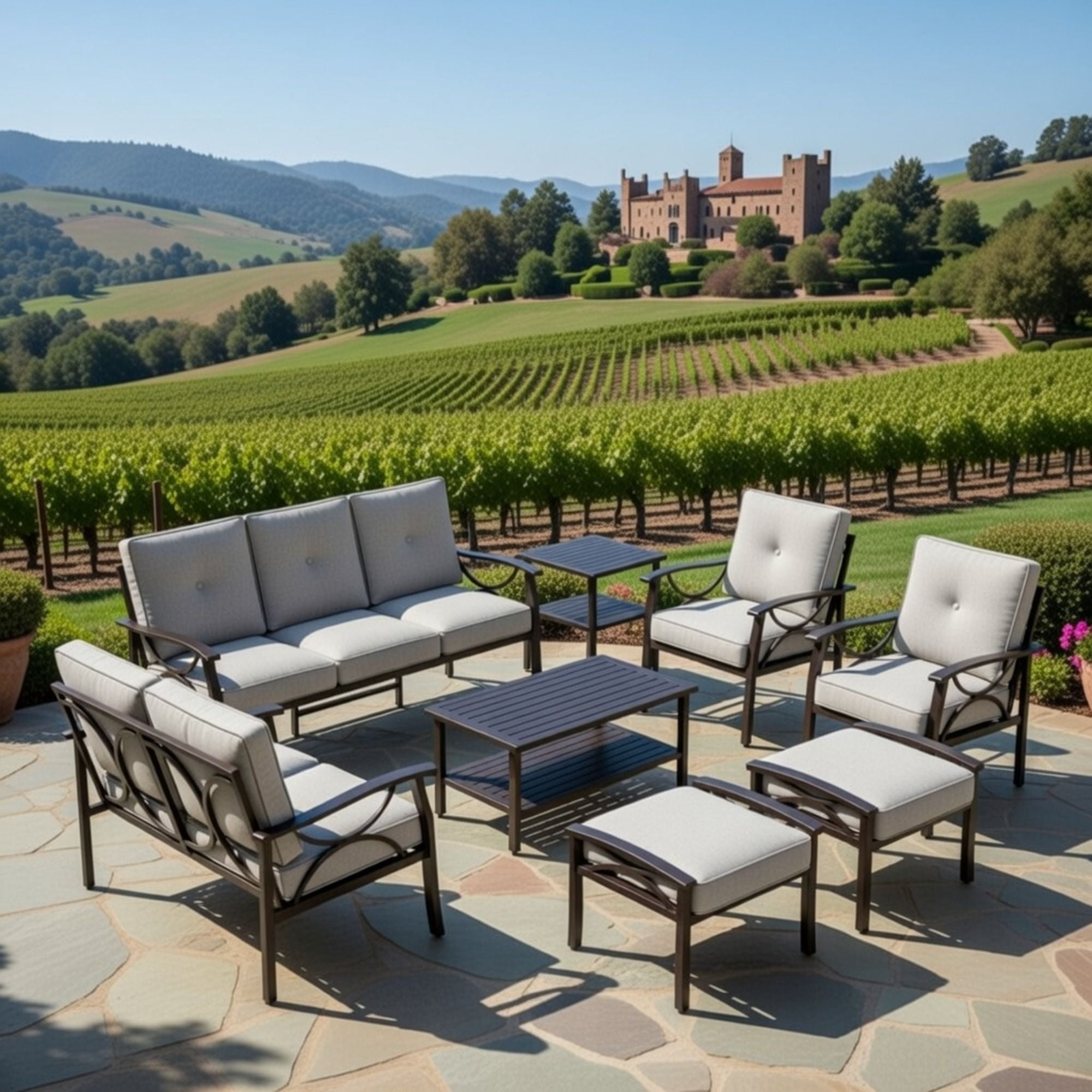 Patio Furniture Set, Coffee Table And Cushions For Backyard