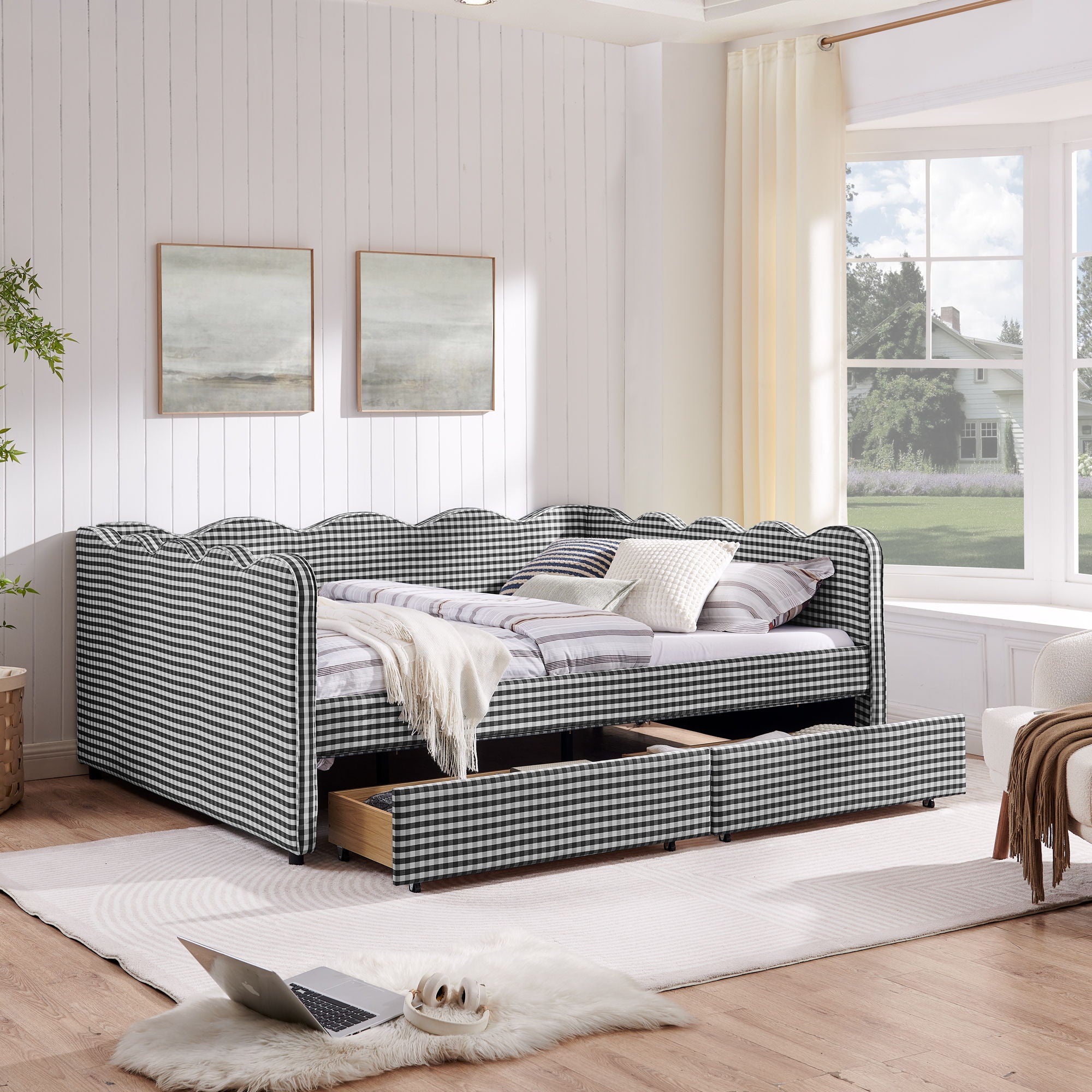 Gingham Daybed & USB Charging Port, Wave Shaped Design