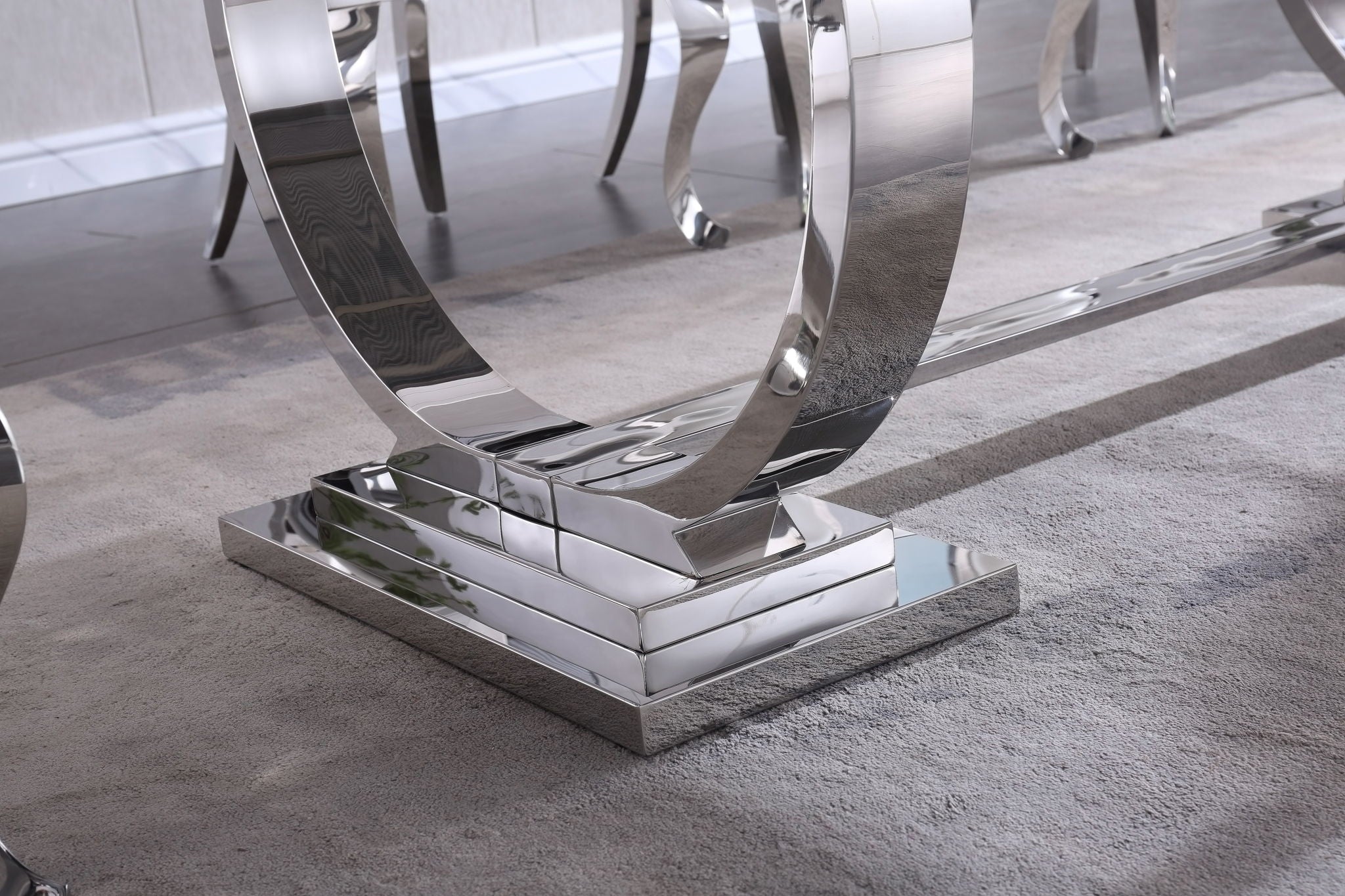 Modern Rectangular Marble Printing Dining Table, Double U Shape Stainless Steel Base With Mirrored Finish