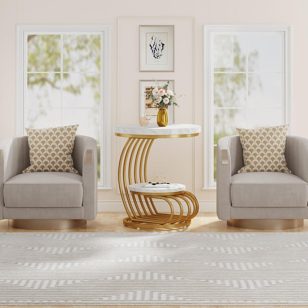 Round Vintage End Table With 2 Tier Storage