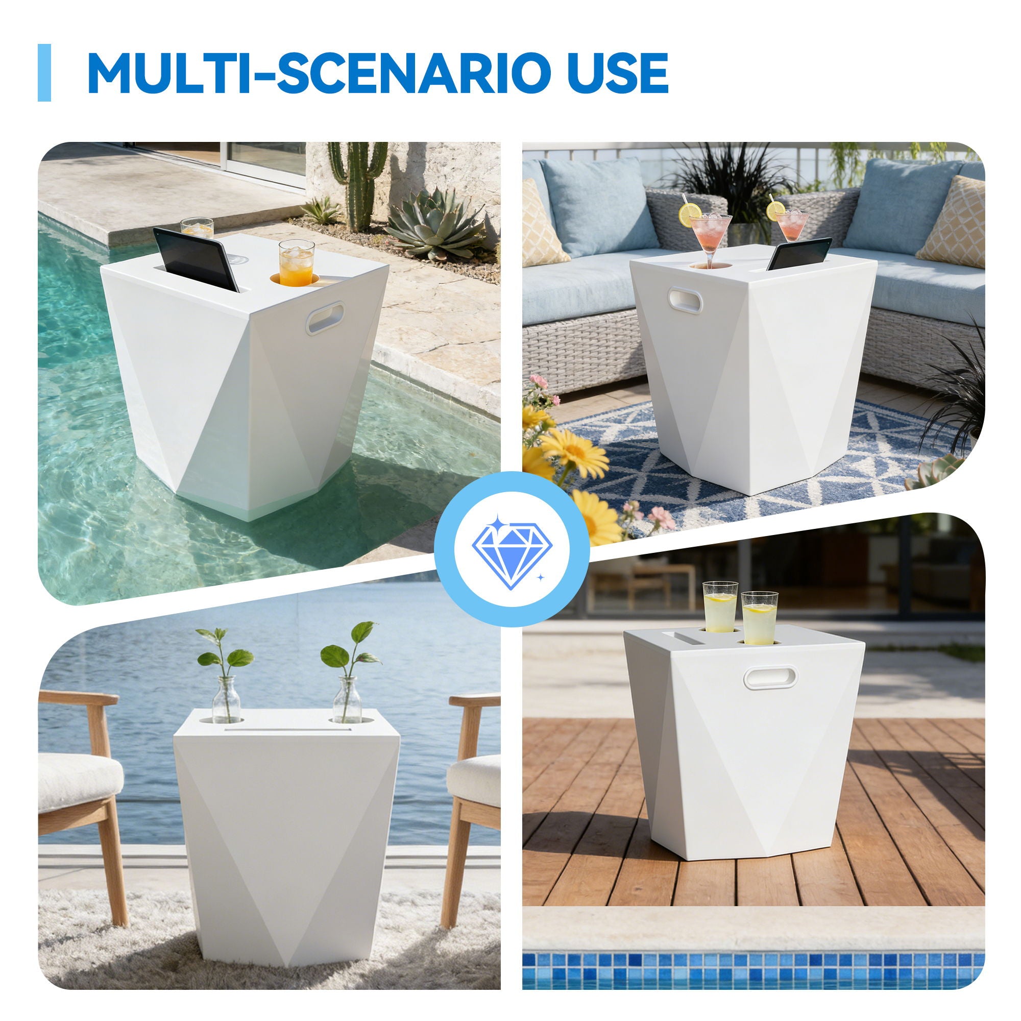 End Table With 2 Cup Holders And 1 Tablet Holder For Outdoor - White