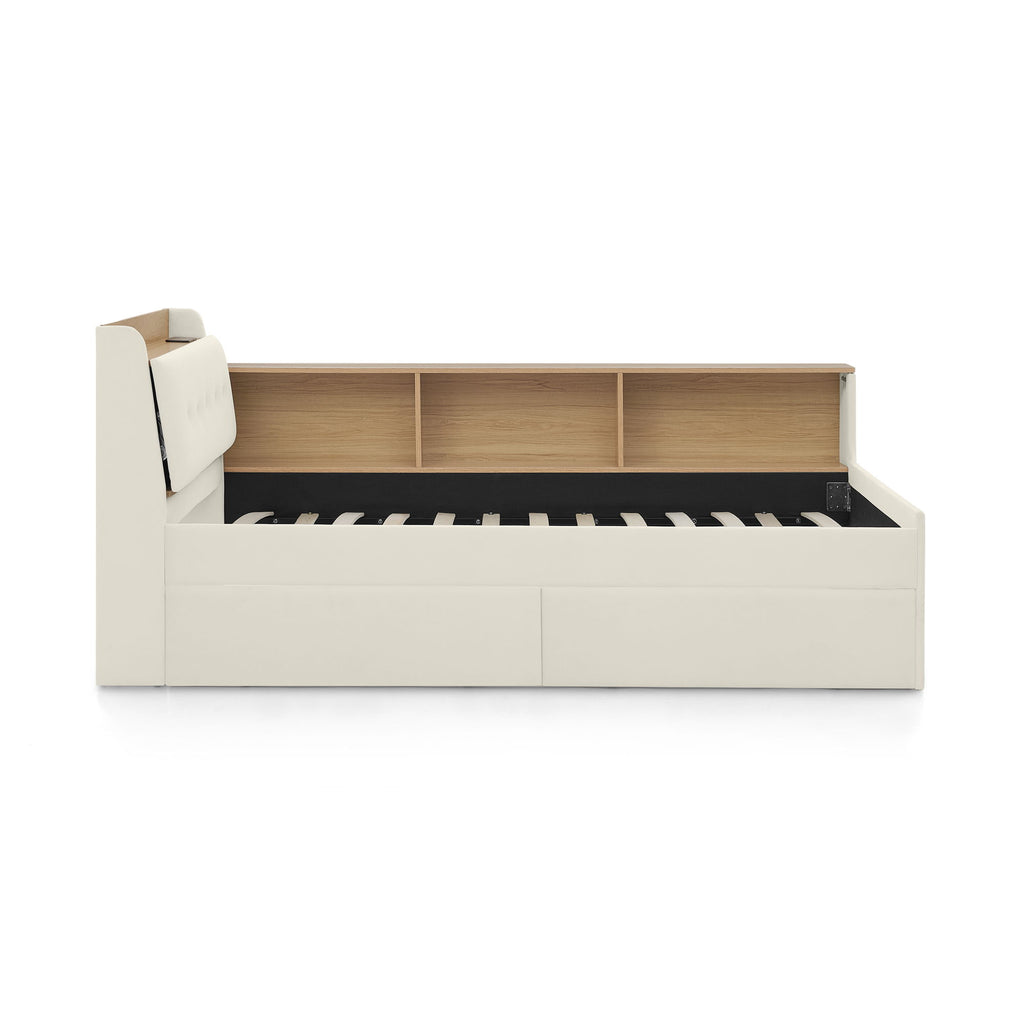 Upholstered Daybed With Storage Headboard, Wireless Charging, LED Lights