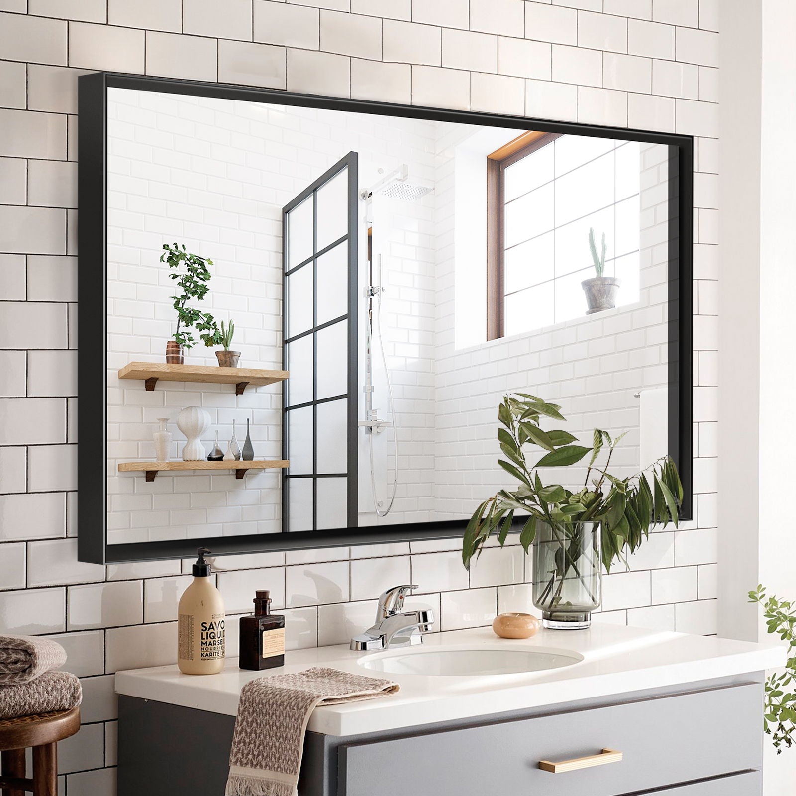 40X30" Glossy Bathroom Mirrors For Wall Rectangle Vanity Mirror Corner Hangs Farmhouse Mirror Modern Metal Framed Rectangular Mirror, Decorative Square Corner Mirror (Horizontal & Vertical) - Black