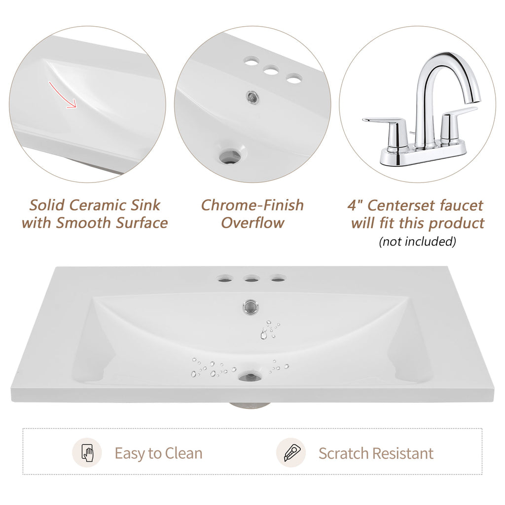 30" Single Bathroom Vanity Top With Undermount Basin, Rectangular Shape, 3 Faucet Holes - White