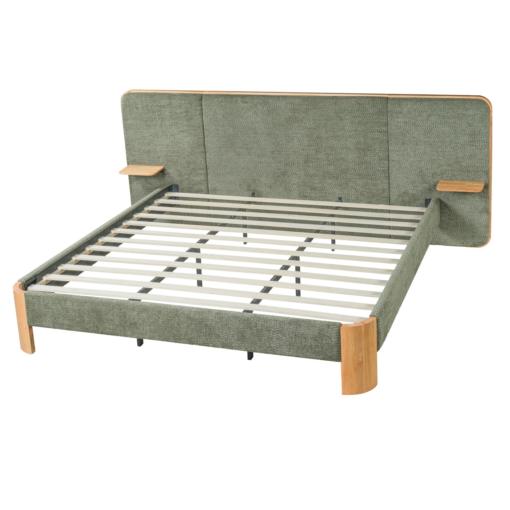 Upholstered Platform Bed Frame With Curved Headboard, Built-In Floating Shelves
