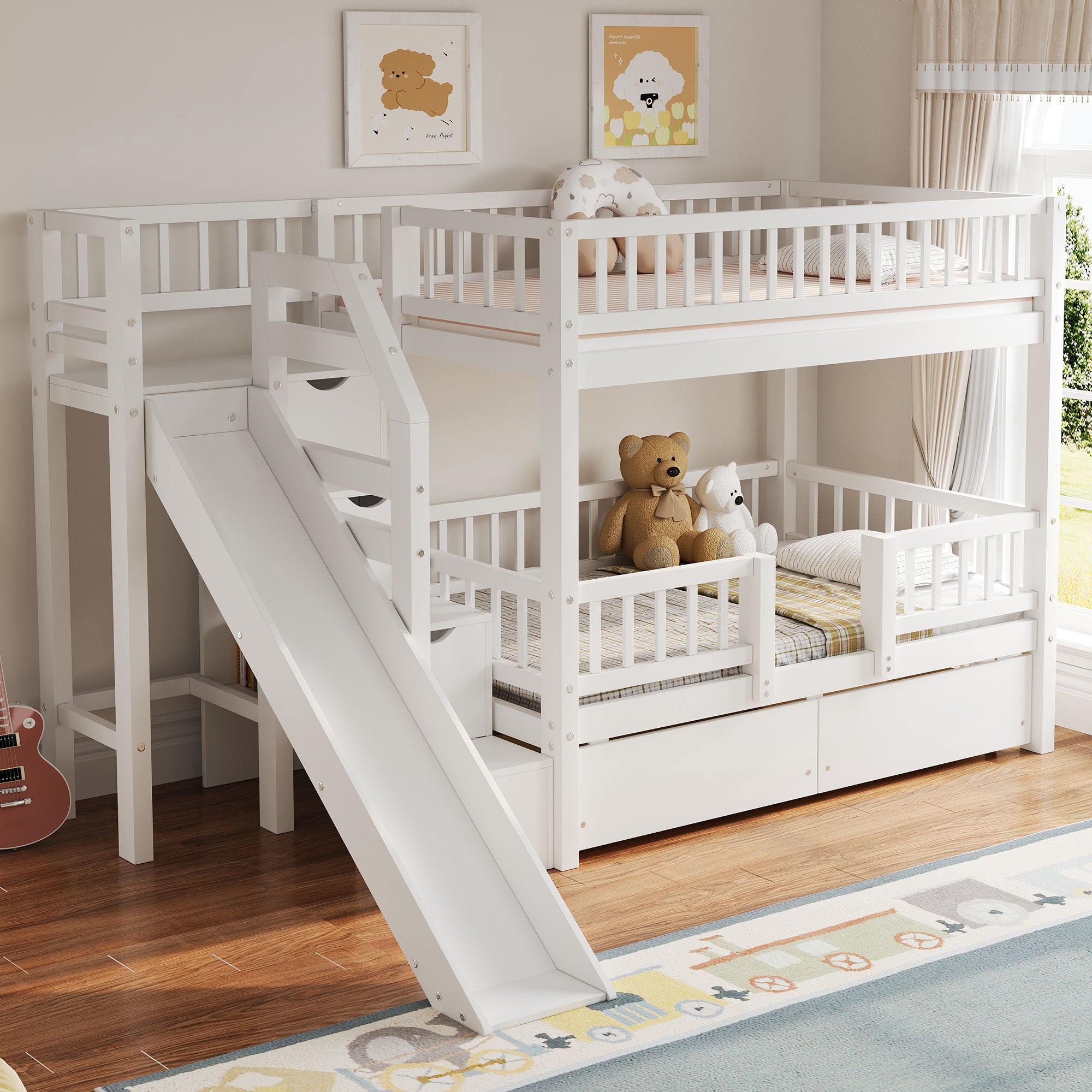 Bunk Bed With Storage Staircase, Slide And 2 Drawers