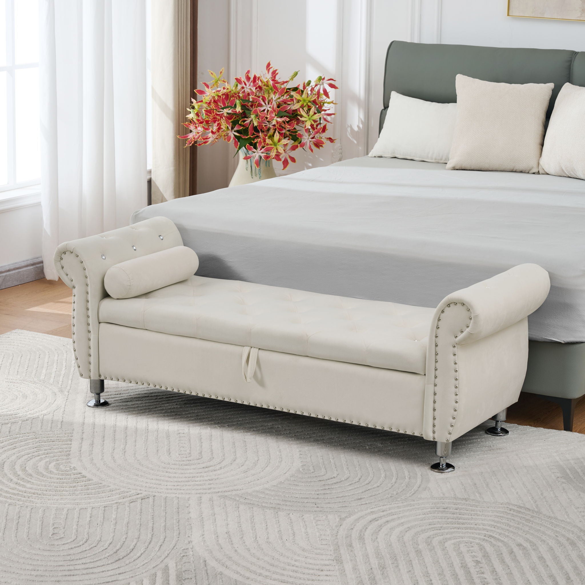 Storage Bench With Crystal Buttons And 1 Pillow For Bedroom