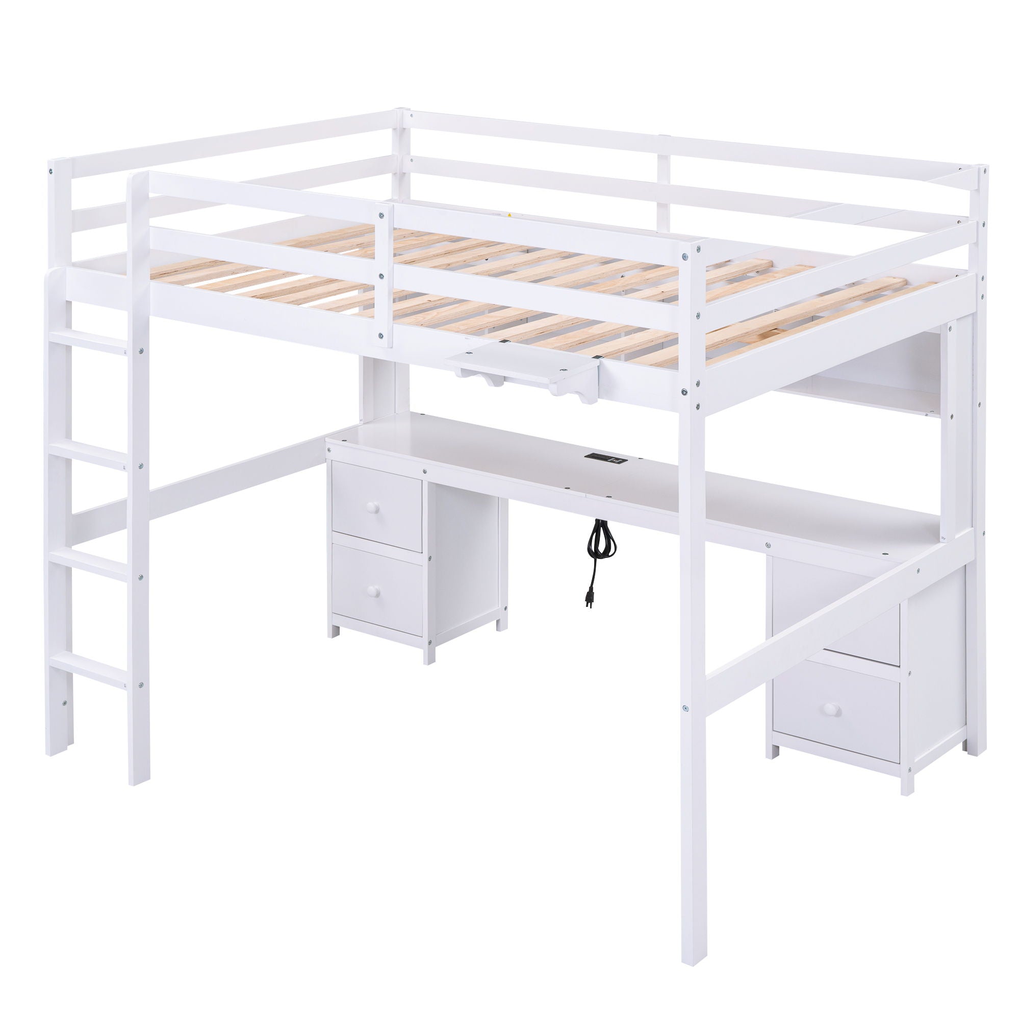 Loft Bed With Desk, Cabinets, Drawers, Charging Station And Bedside Tray