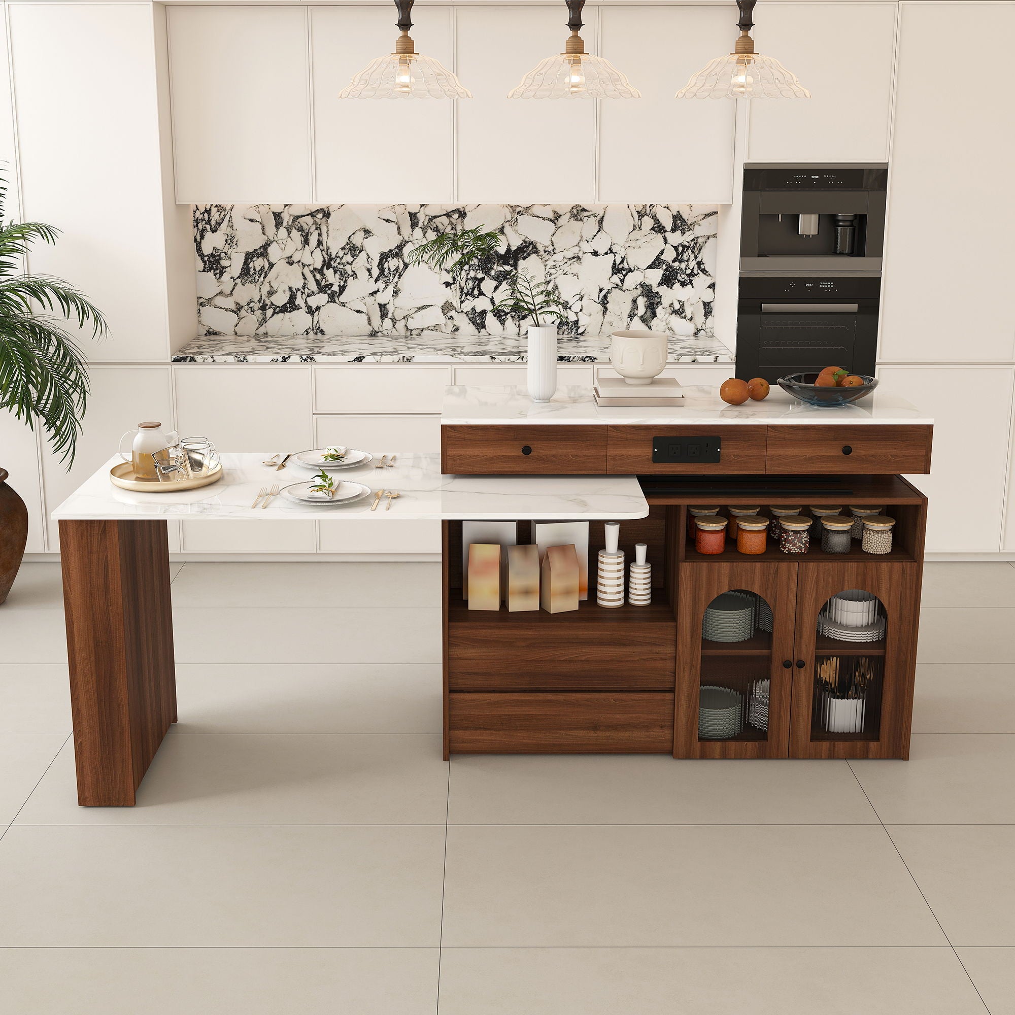 Kitchen Island With Extendable & Rotating Table