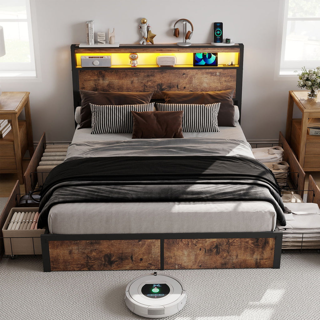 Bed Frame With Headboard, LED Lights & Charging Station