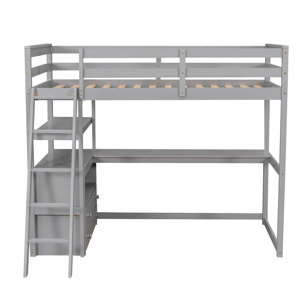 Modern Loft Bed With Built In Desk, Shelves, And 2 Drawers