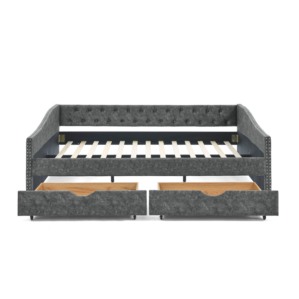 Upholstered Tufted Daybed With Drawers, Waved Arms