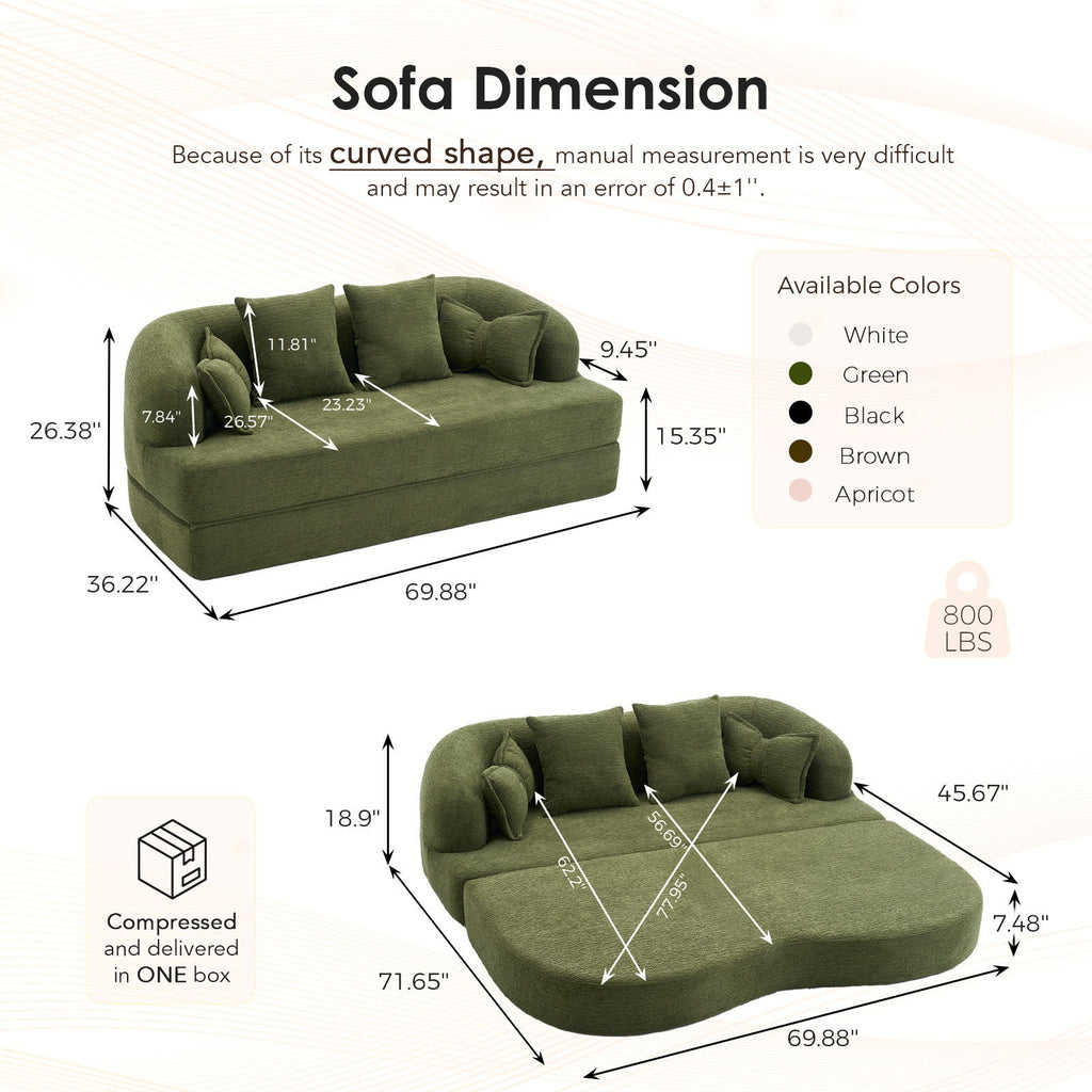 Foldable Sofa Bed, Boneless Couch Convertible Sleeper With 4 Pillows