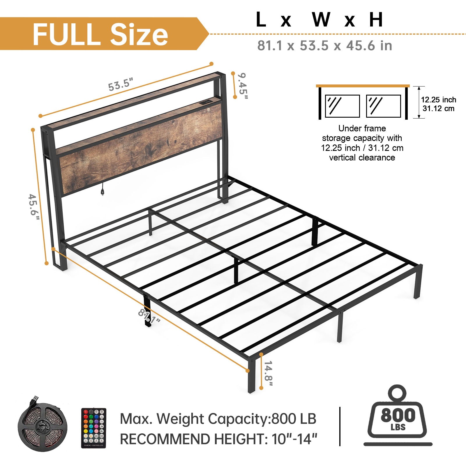 Bed Frame With Headboard, LED Lights & Charging Station