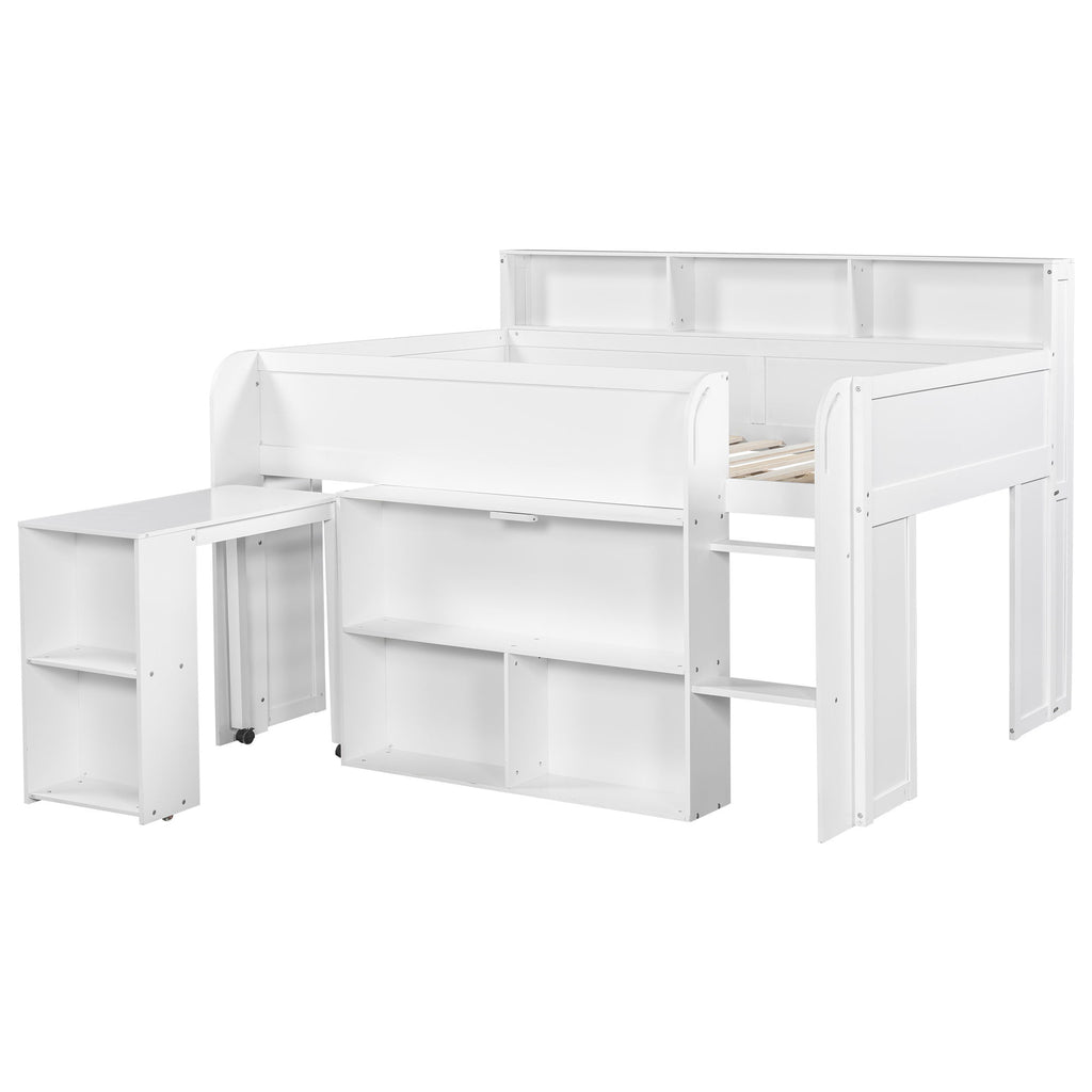 Loft Bed With Built-In Desk, LED Lighting, And Multiple Storage Shelves