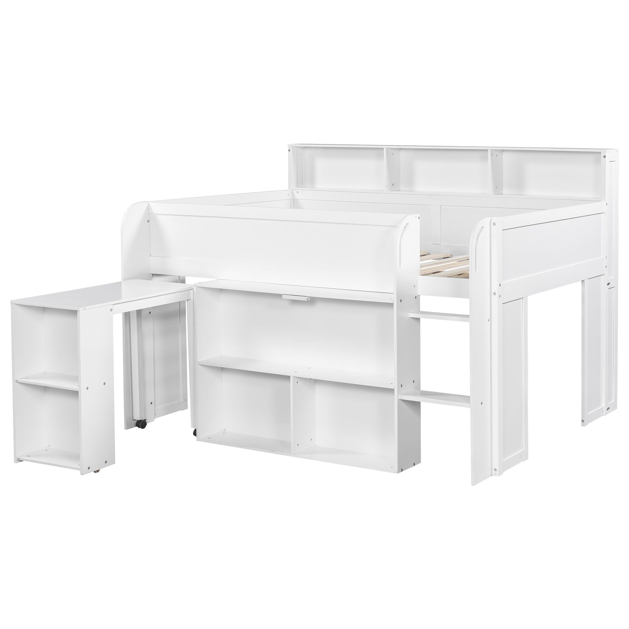 Loft Bed With Built-In Desk, LED Lighting, And Multiple Storage Shelves