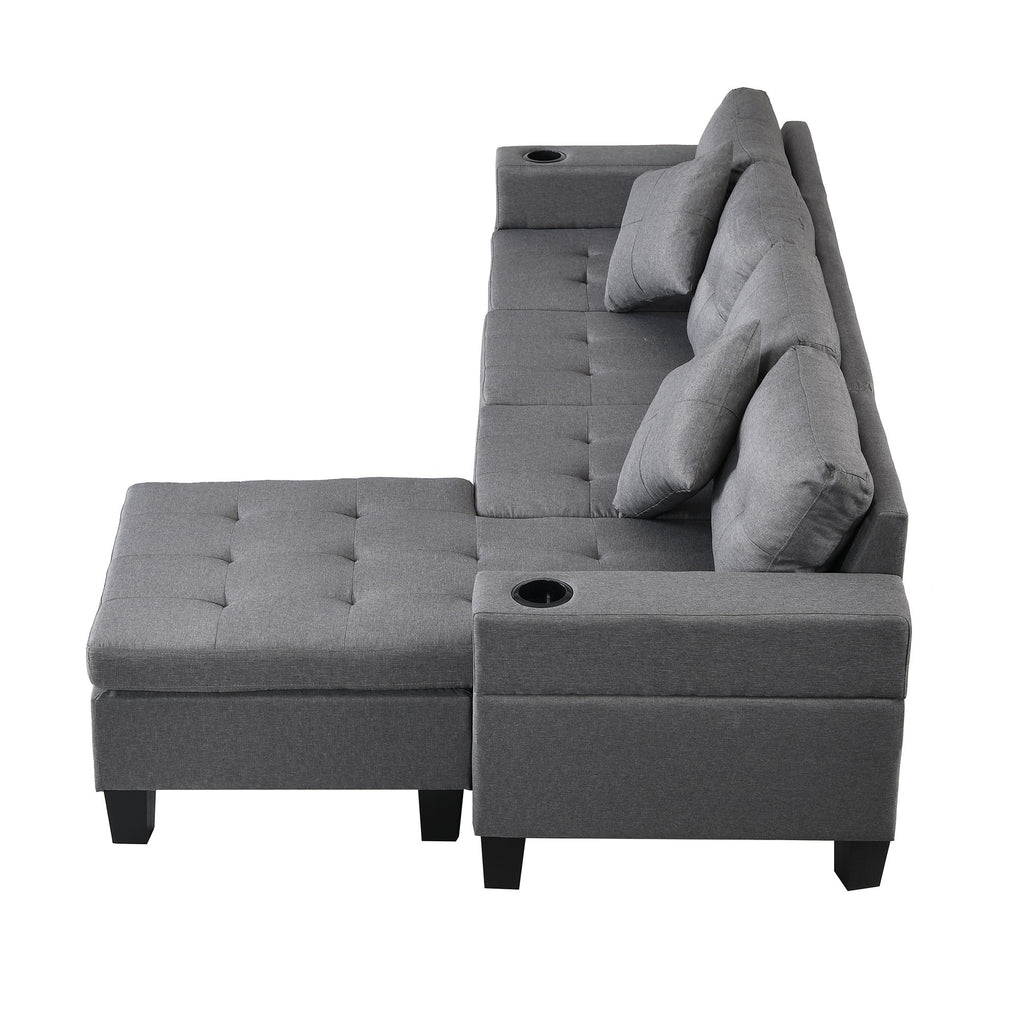 Modern Sectional Sofa Set With L Shape Chaise Lounge, Cup Holder, 4 Seat - Gray