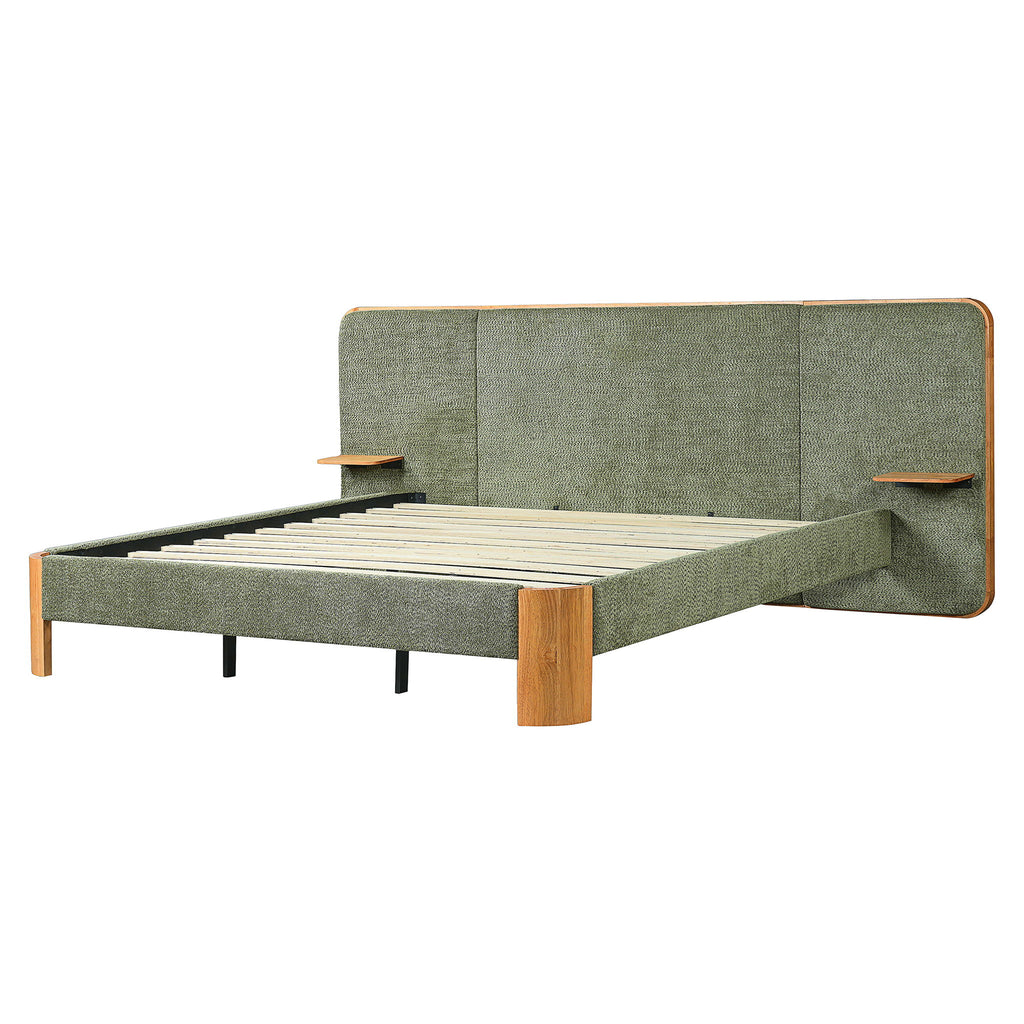 Upholstered Platform Bed Frame With Curved Headboard, Built-In Floating Shelves