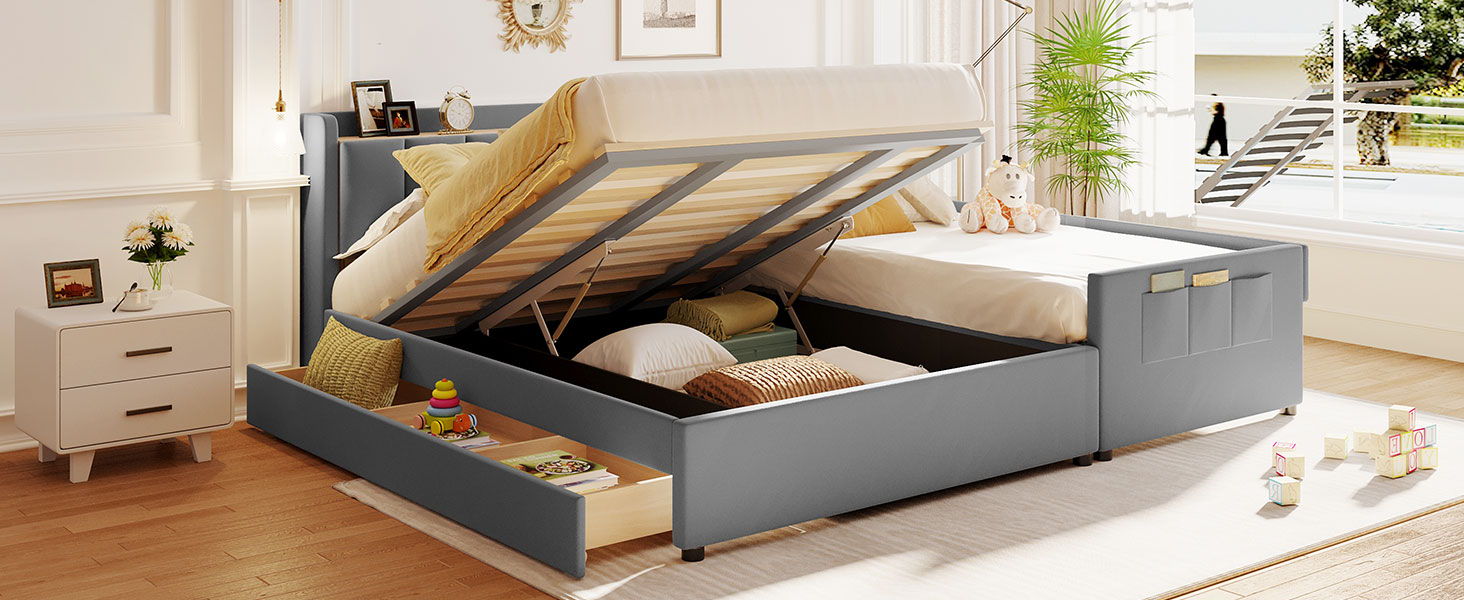 Upholstered Mother & Child Bed With Hydraulic Storage System, Drawer Box, Bedhead Storage Shelf And 2 Pairs Of Sockets & USB Ports