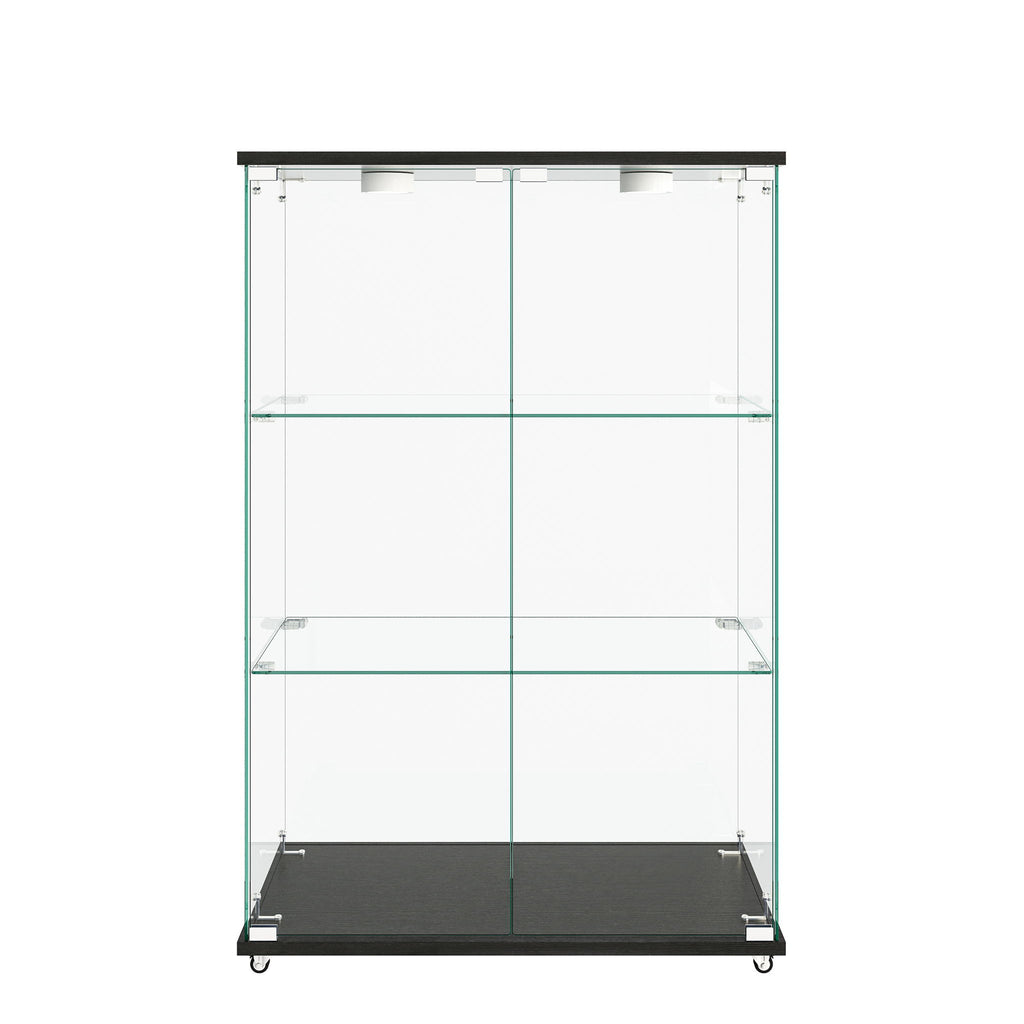 Modern Display Cabinet With LED Lights, Transparent Tempered Glass 2 Door Storage Case With 3 Shelves