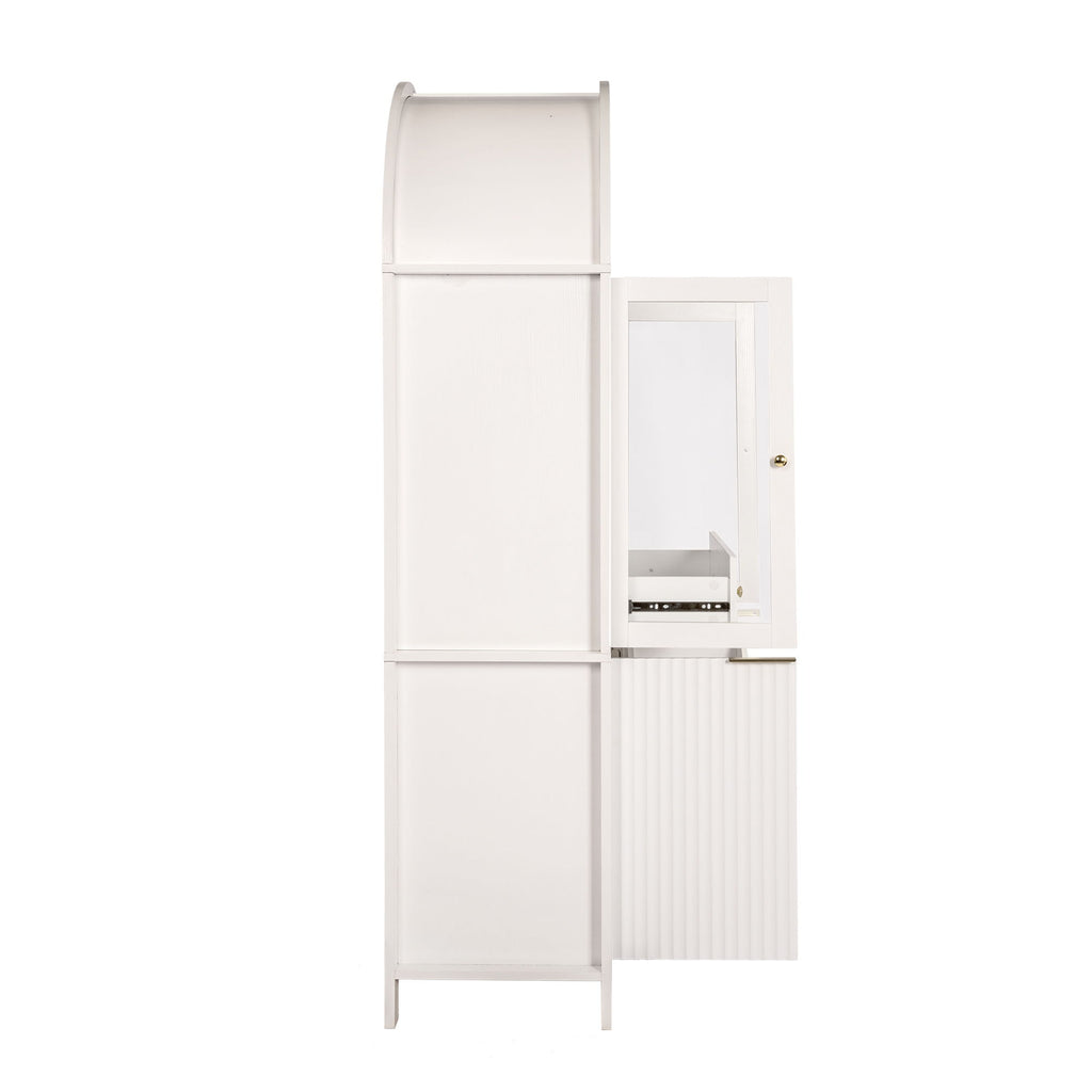Fluted Tall Arched Pantry Cabinet With Adjustable Shelves, Glass Door & Hidden Drawer For Kitchen