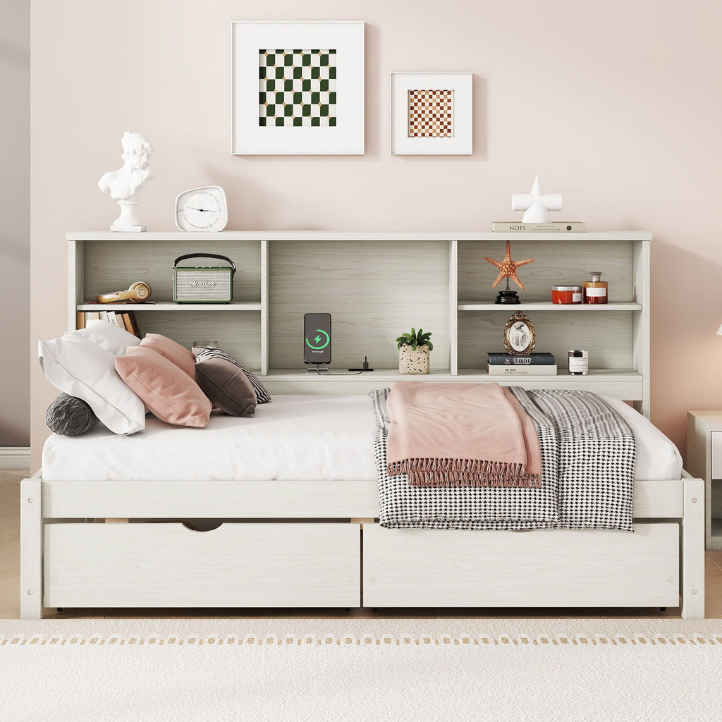 Bed Frame With Side Bookshelves, 2 Drawers, And Built In USB Port