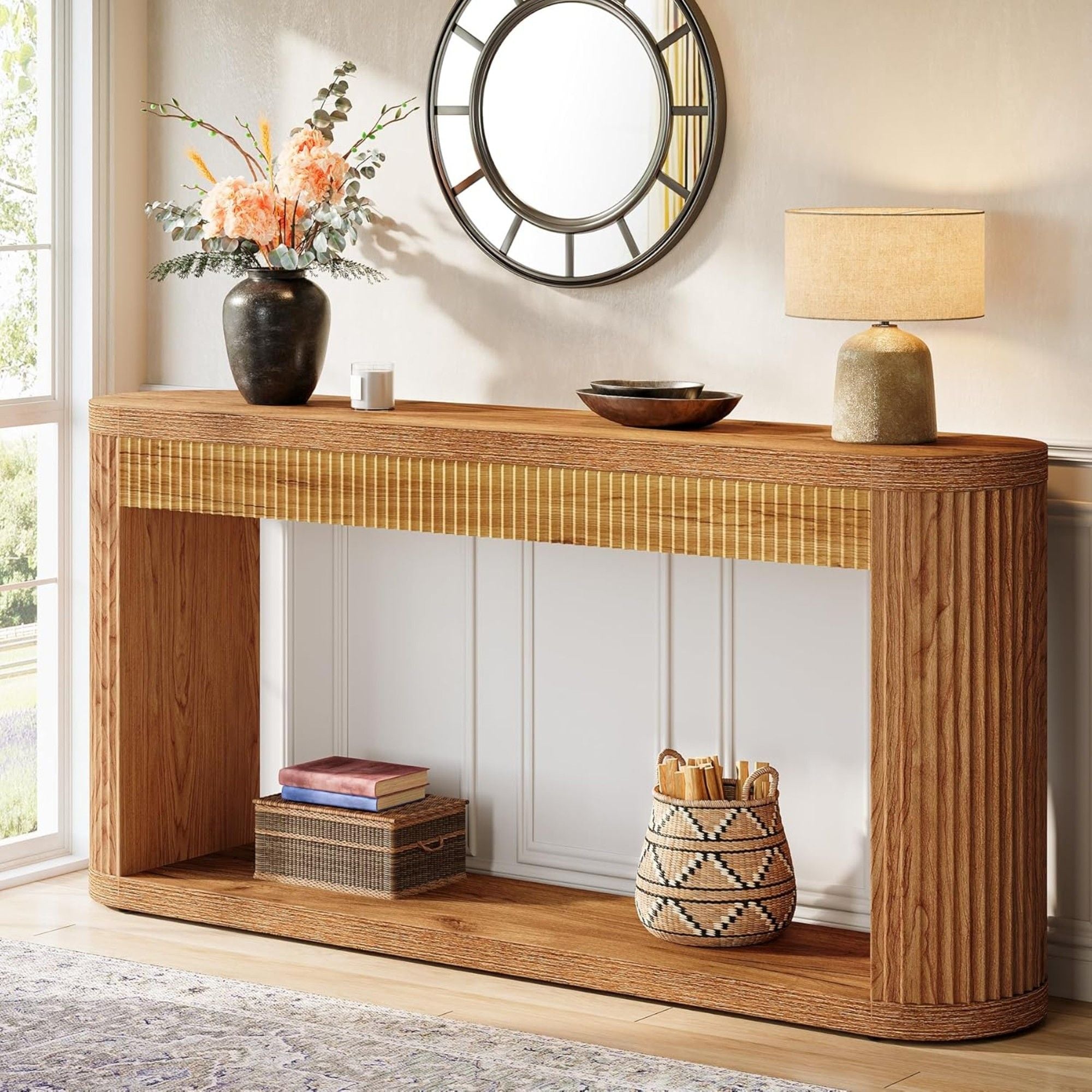 Narrow Fluted Console Table With Storage For Entryway - Brown