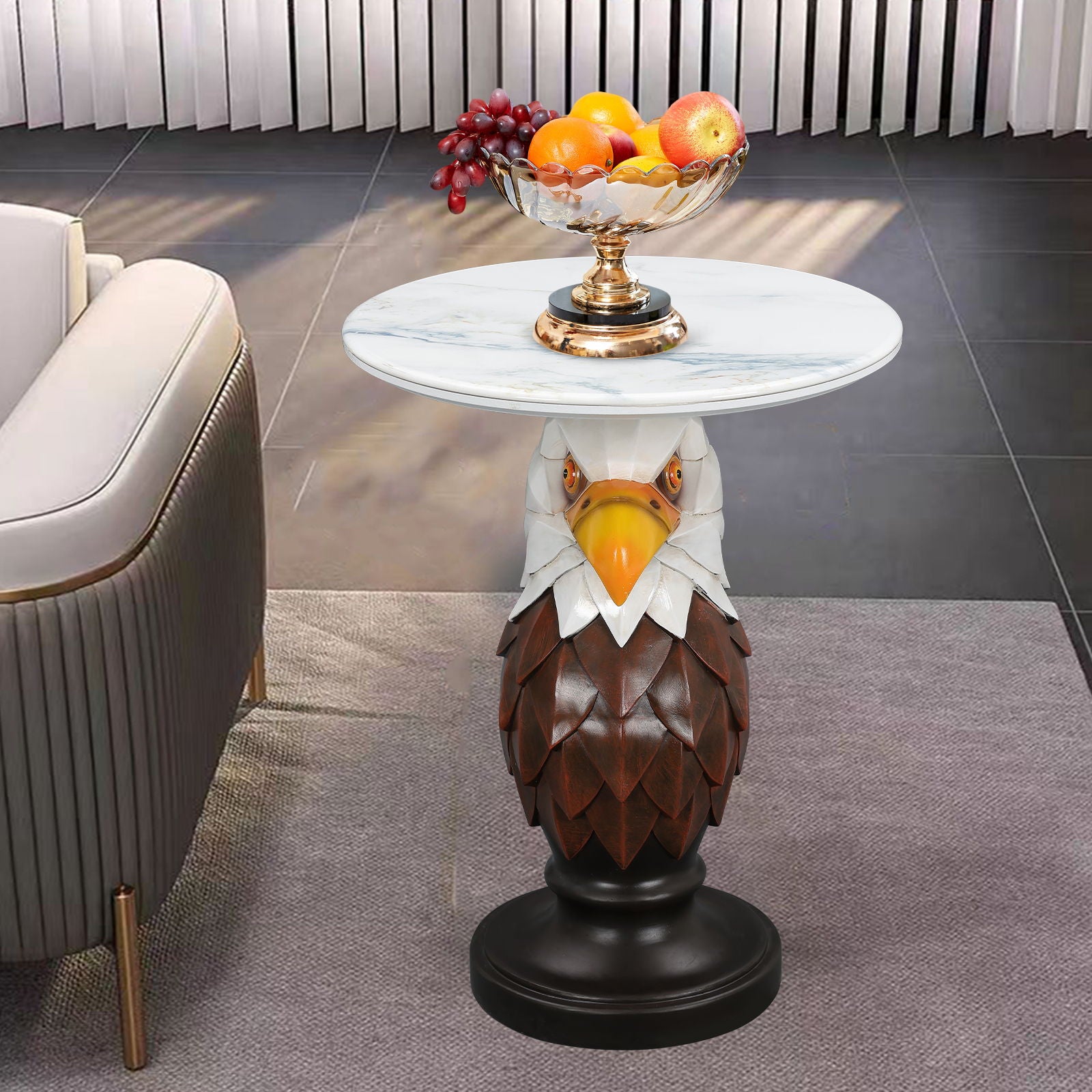 Eagle Head Accent Table, Animal Statue End Tables For Living Room - Brown / Antique White