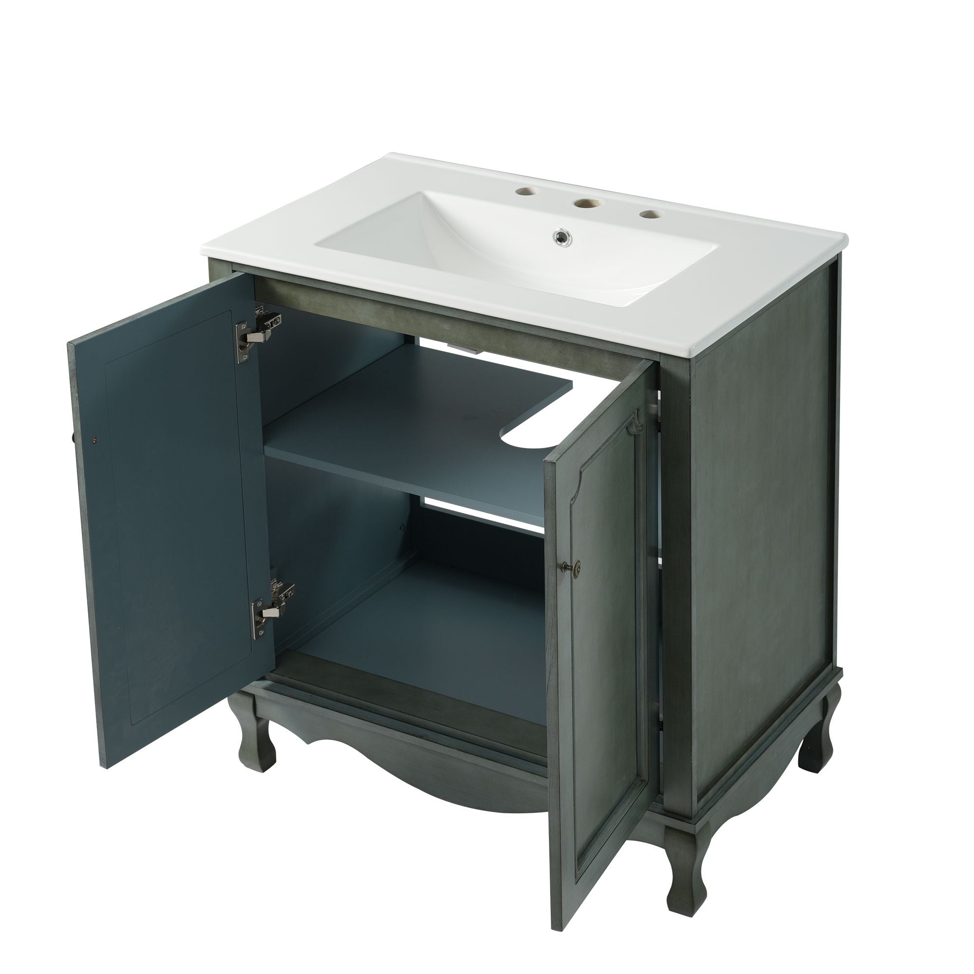 Vintage Bathroom Vanity With Ceramic Sink, Adjustable Shelves