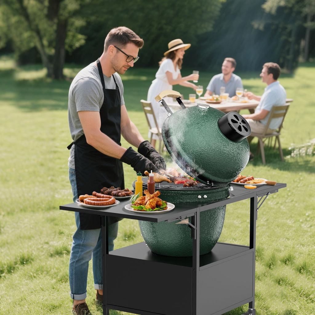 Outdoor Grill Table For Big Egg Style Bbq Metal Grill Cart With 2 Folding Panels Metal - Black