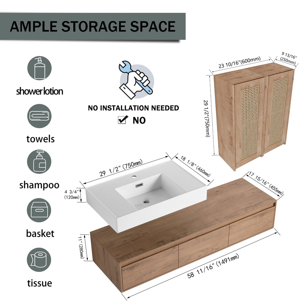 Modern Wall Mounted Bathroom Vanity With Resin Sink And 2 Side Cabinet, Imitative, Construction - Imitative Oak