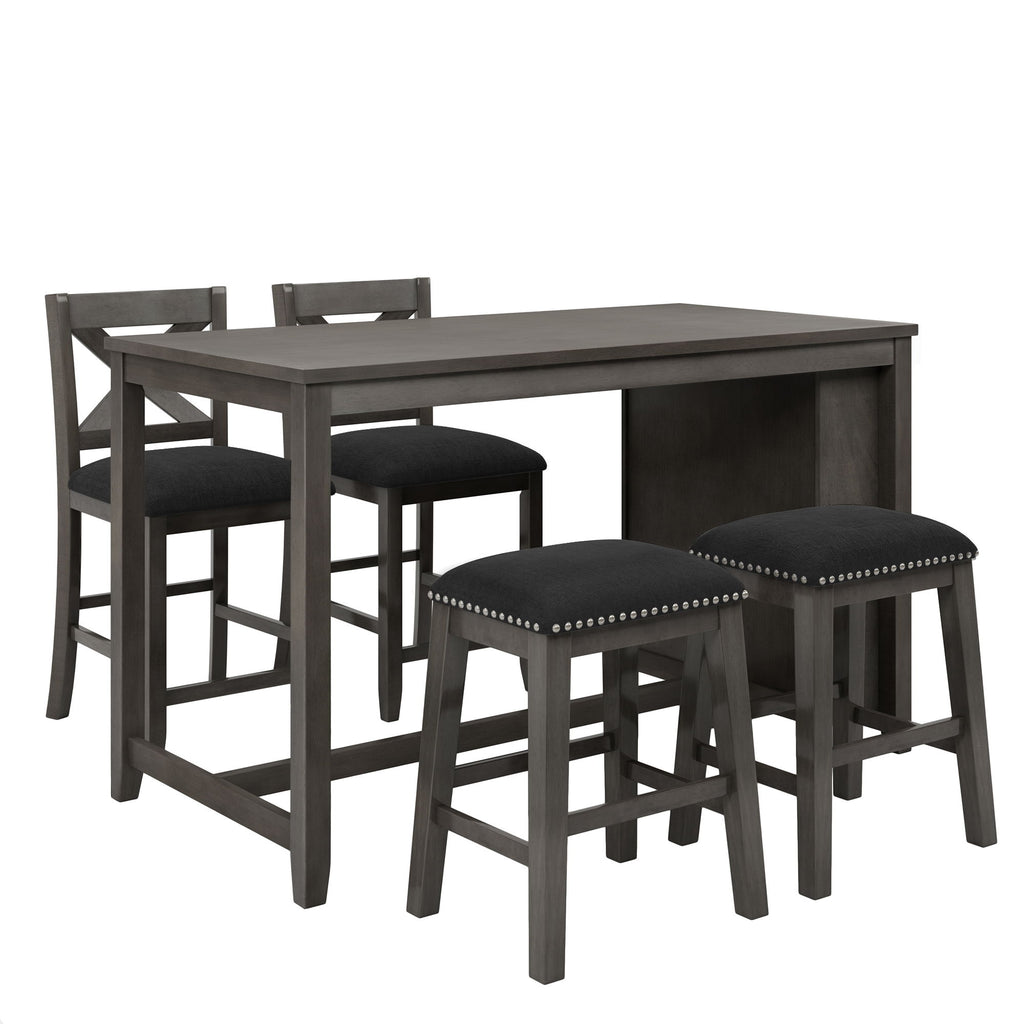 5 Pieces Counter Height Rustic Farmhouse Dining Room Wooden Bar Table Set With 2 Stools And 2 Chairs