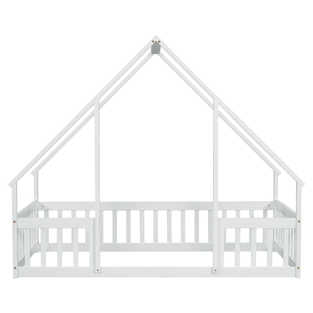Wood House-Shaped Floor Bed With Fence, Guardrails