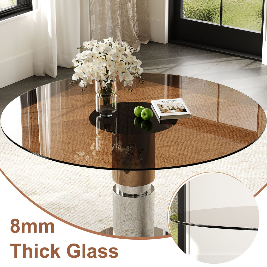Round Dining Table / Tempered Glass Top - Brown