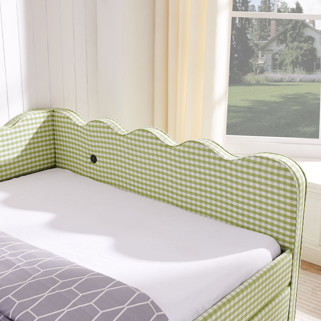 Gingham Daybed & USB Charging Port, Wave Shaped Design