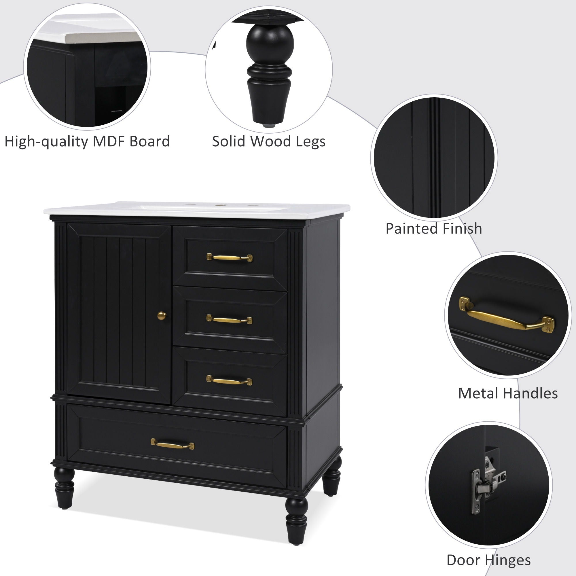 30" Bathroom Vanity With Sink, 3 Drawers, Adjustable Feet