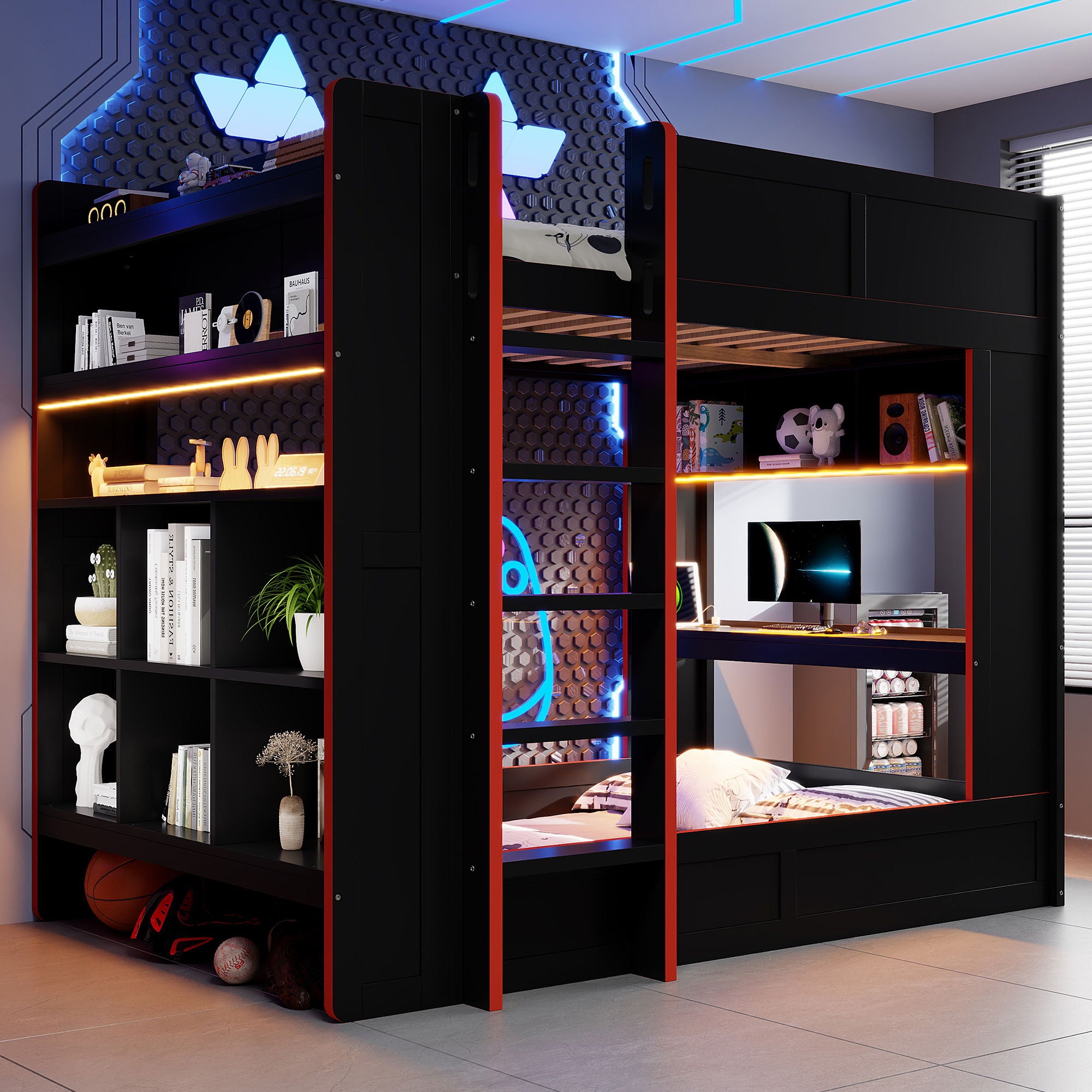 Full Size Gaming Bunk Bed With Desk, Storage Shelves, LED And Charging Station - Black