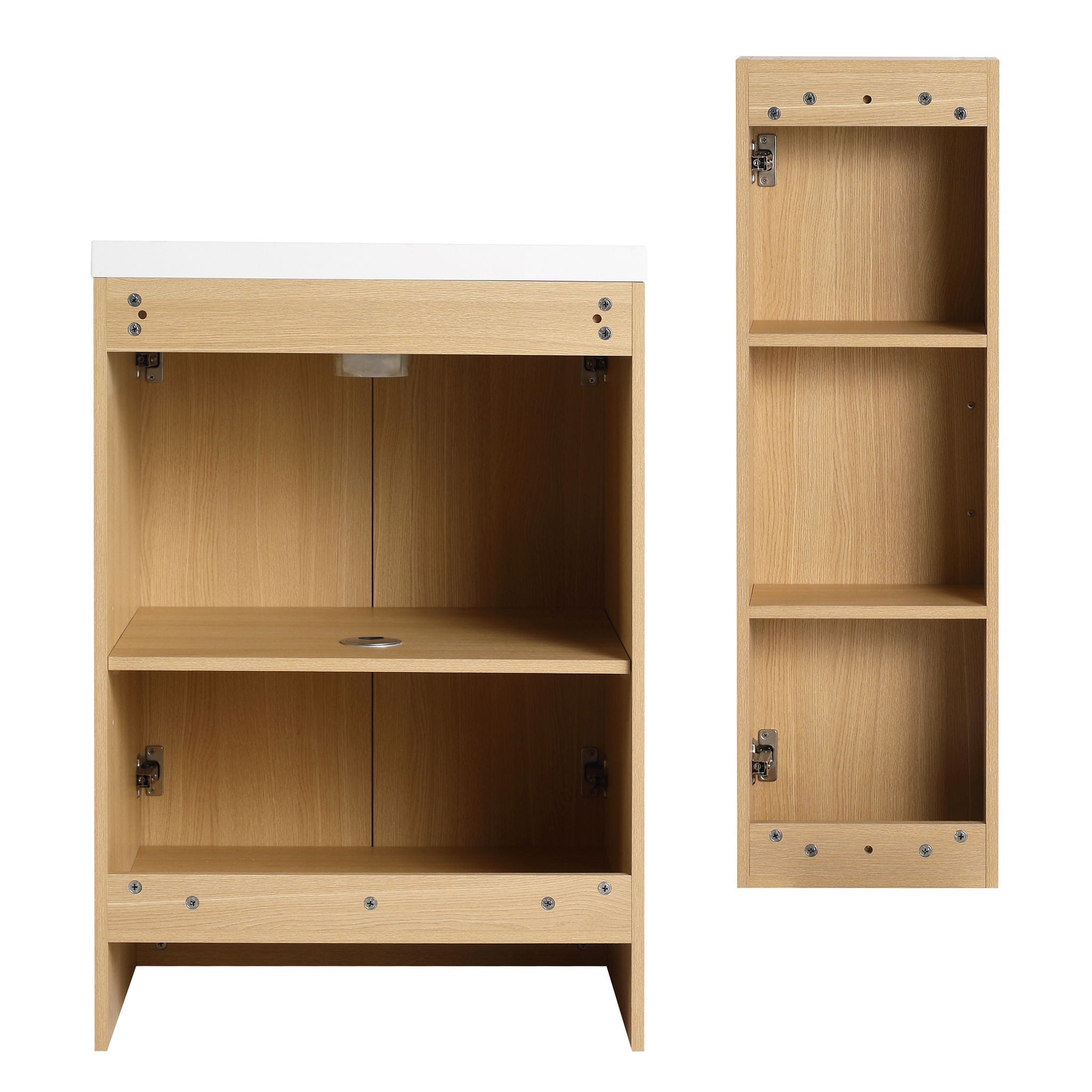 Freestanding Bathroom Vanity Set With Tall Linen Cabinet, Single Sink, Extra Storage, Soft Close Doors - Glossy White / Light Oak