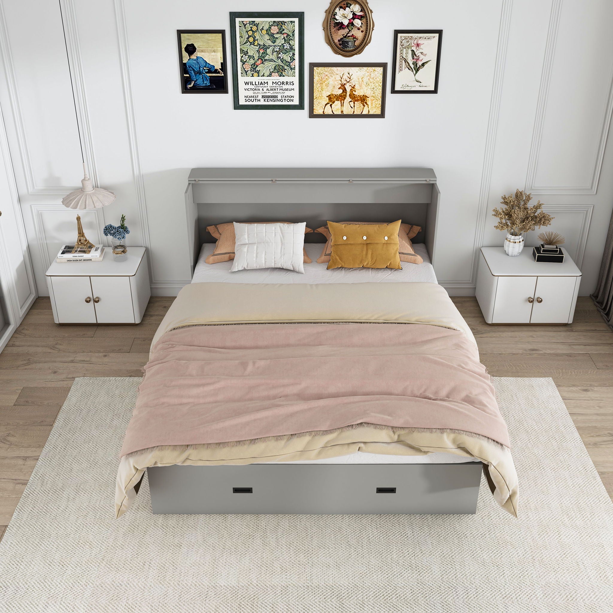 Full Murphy Bed With Storage Drawers, Charging Station, Foldable Panels, And Silent Swivel Wheels