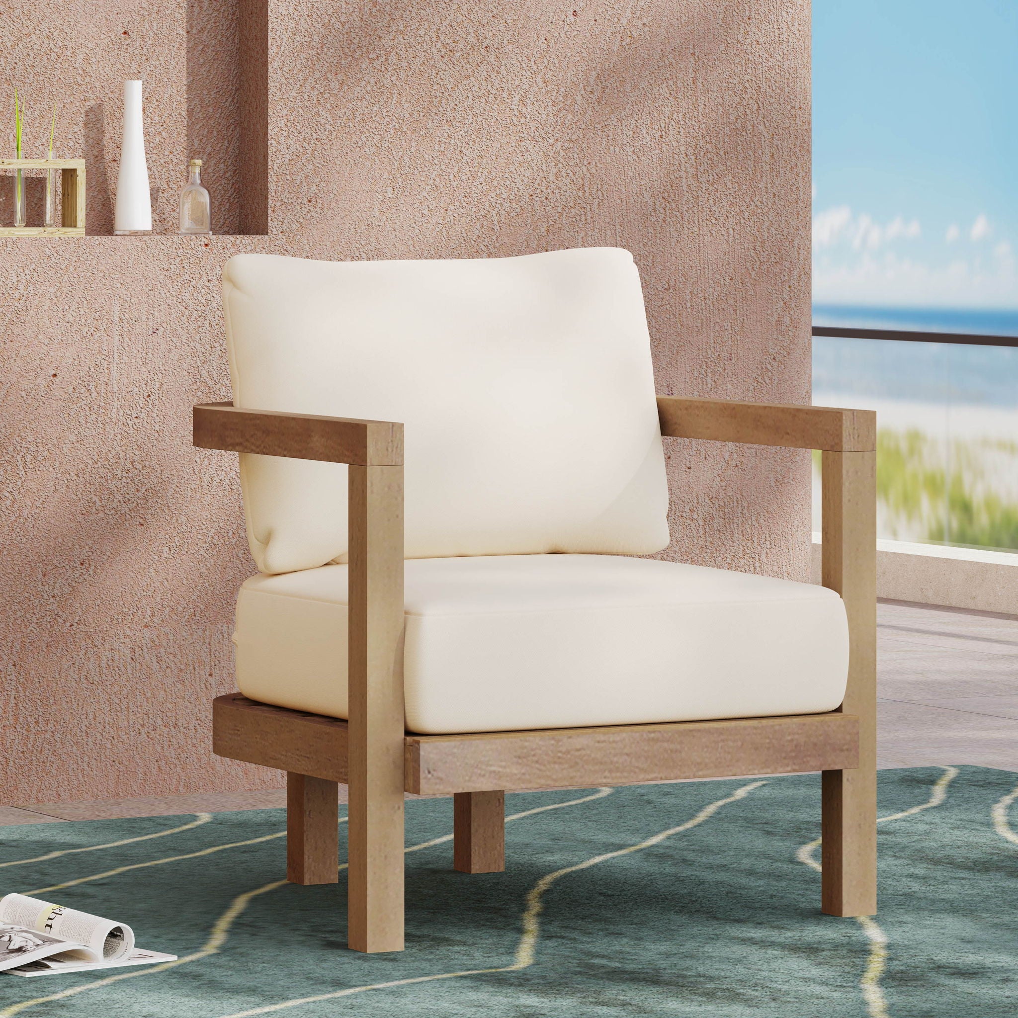Outdoor Acacia Wood Patio Club Chair, Waterproof Thick Cushion, Deep Seating