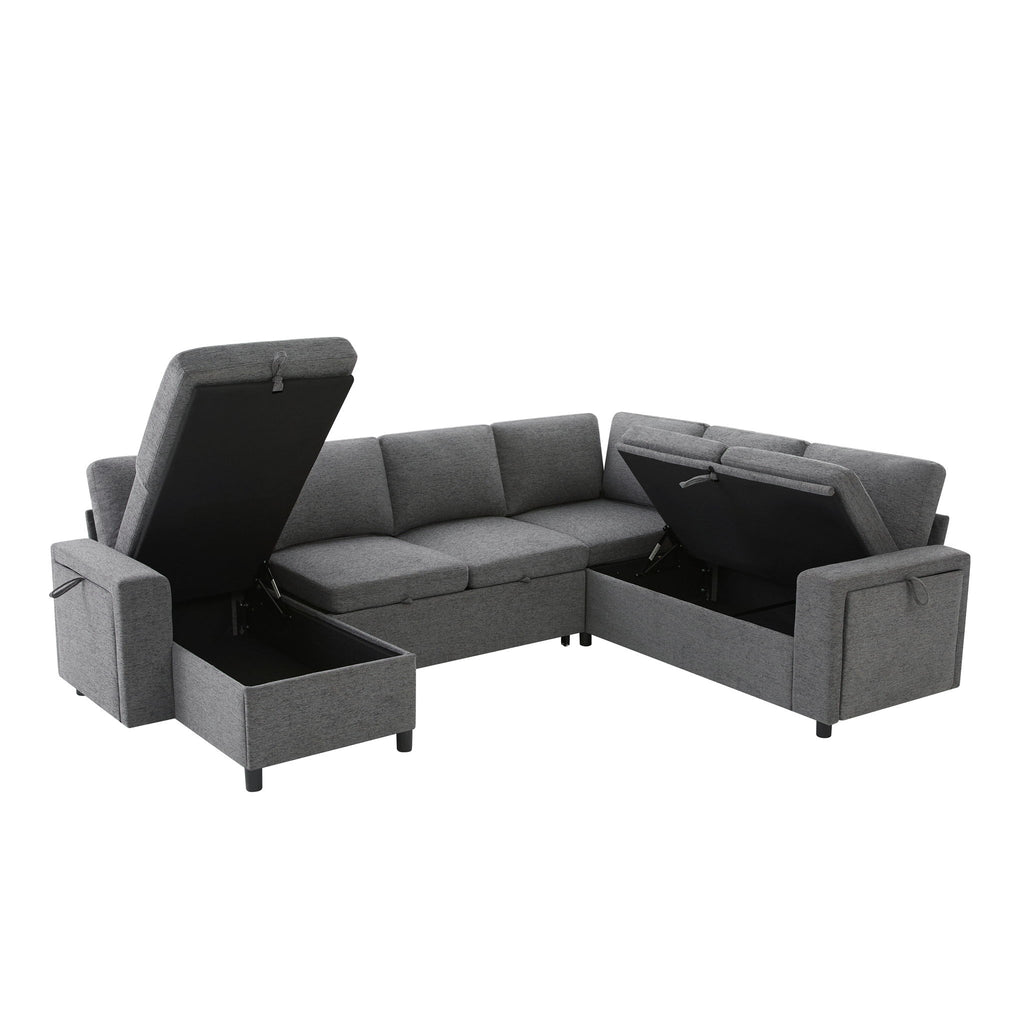 U - Shaped Convertible Sectional Sofa Bed With Storage, USB Charger & Cup Holders