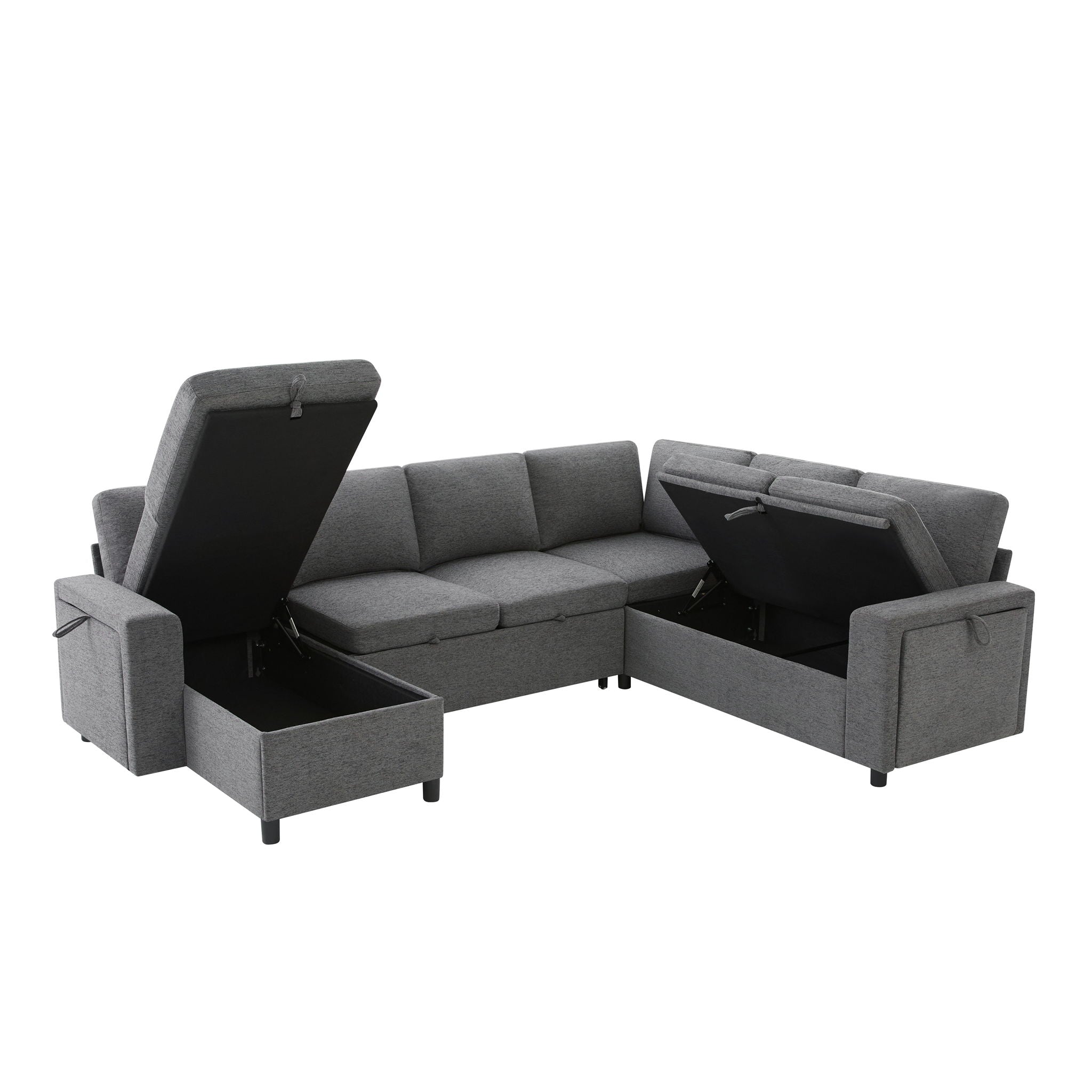 U - Shaped Convertible Sectional Sofa Bed With Storage, USB Charger & Cup Holders