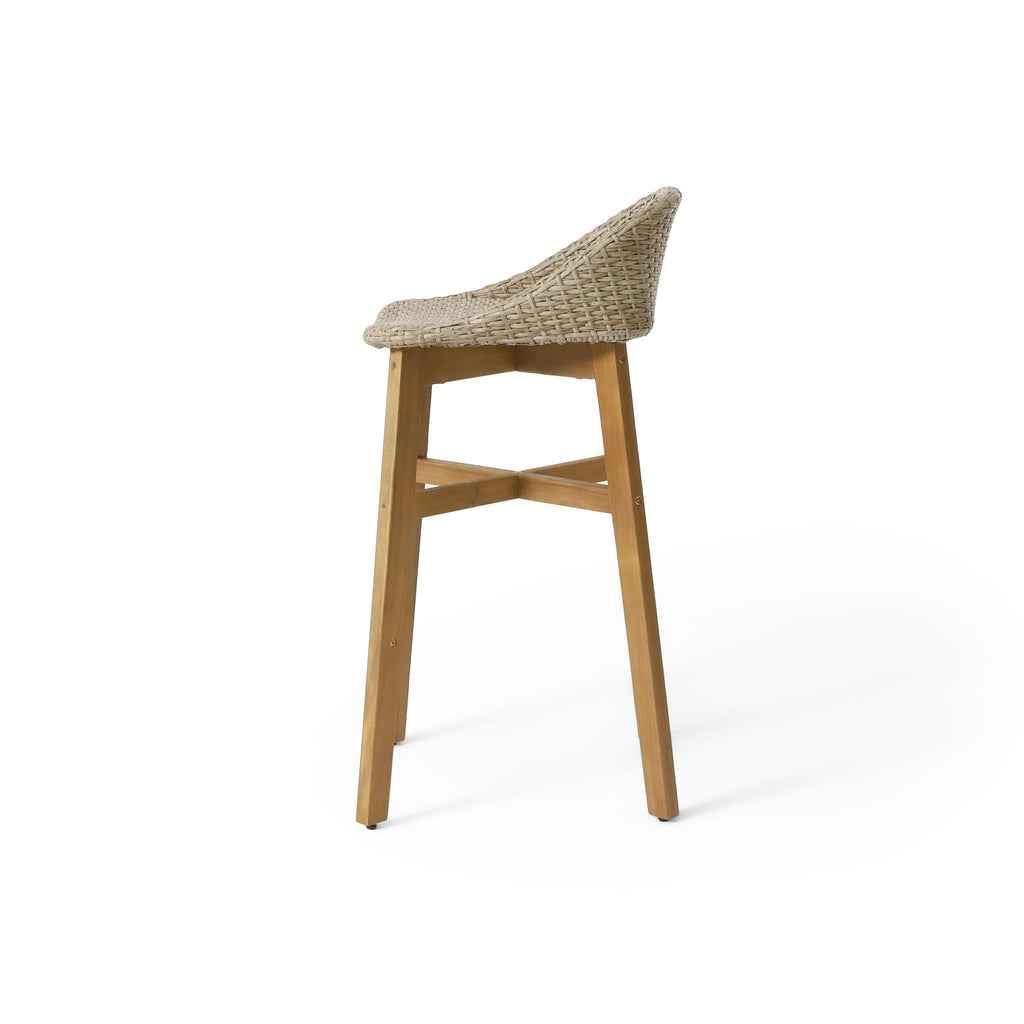 Beeson - Outdoor Wicker And Acacia Wood Barstools Set, Water Resistant - Brown