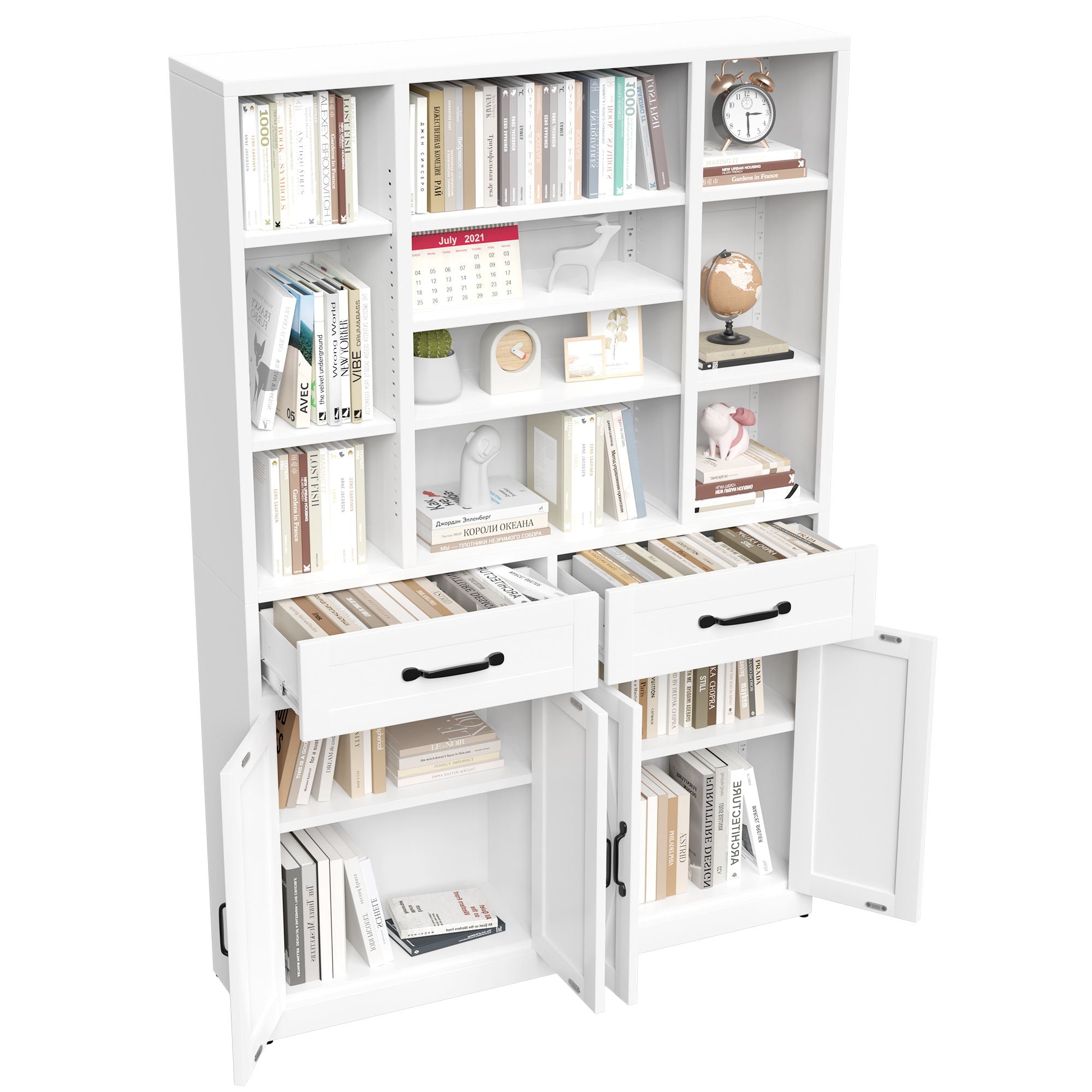 Industrial Bookcase Tall With Adjustable Shelves, Drawers & Doors
