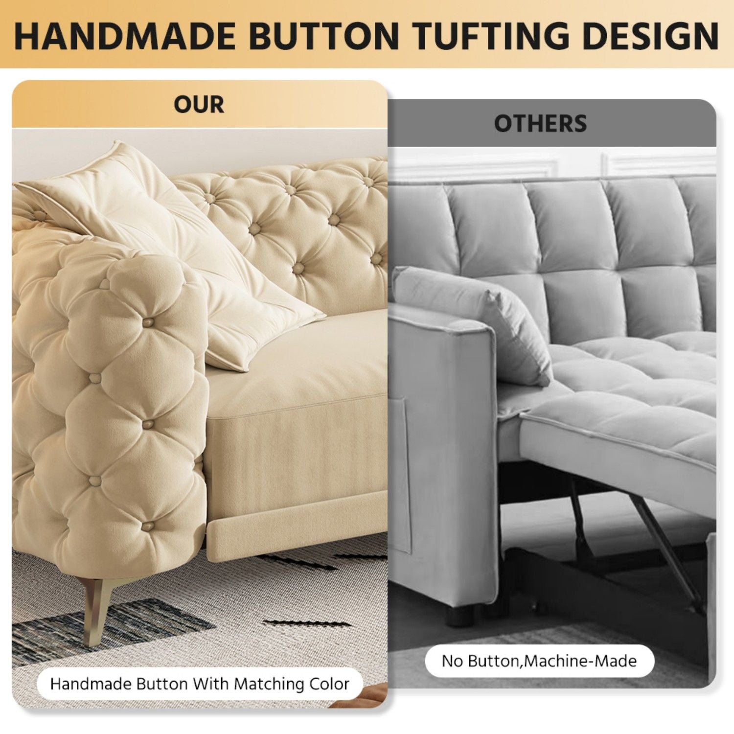 3 In 1 Convertible Sleeper Sofa, Pull Out Bed, Button Tufted, 4 Seater Couch With Movable Ottoman For Apartment - Apricot