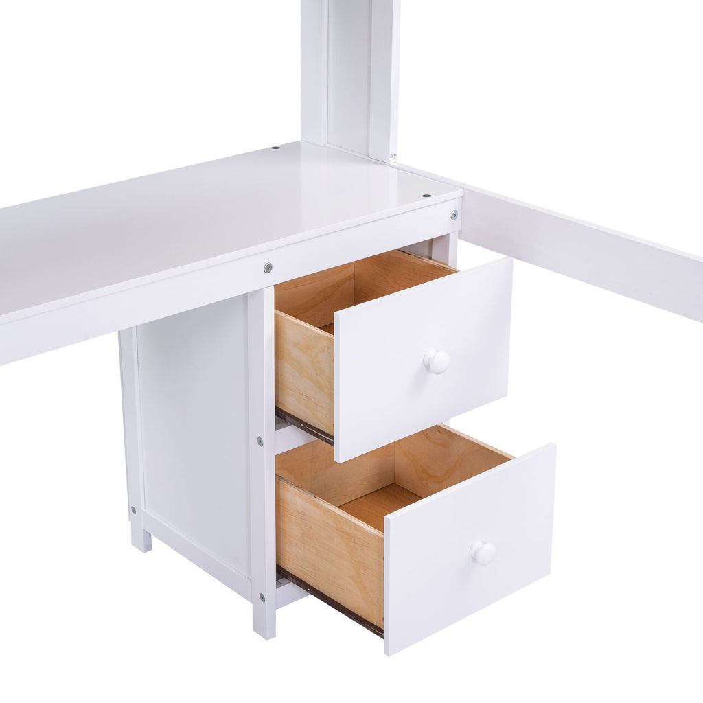 Full Size Loft Bed With Desk, Cabinets, Drawers, Charging Station And Bedside Tray, Sturdy Frame, No Box Spring Required - White