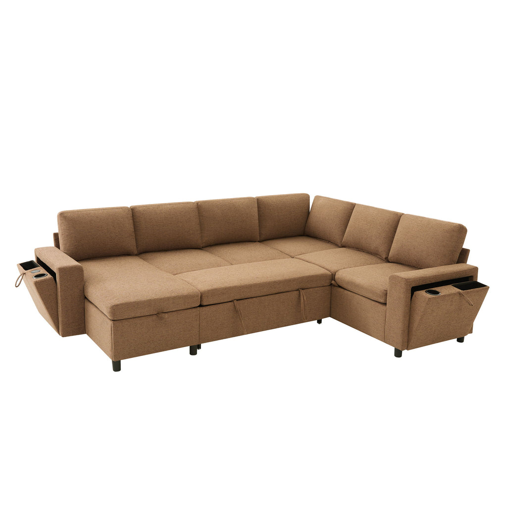 U - Shaped Convertible Sectional Sofa Bed With Storage, USB Charger & Cup Holders